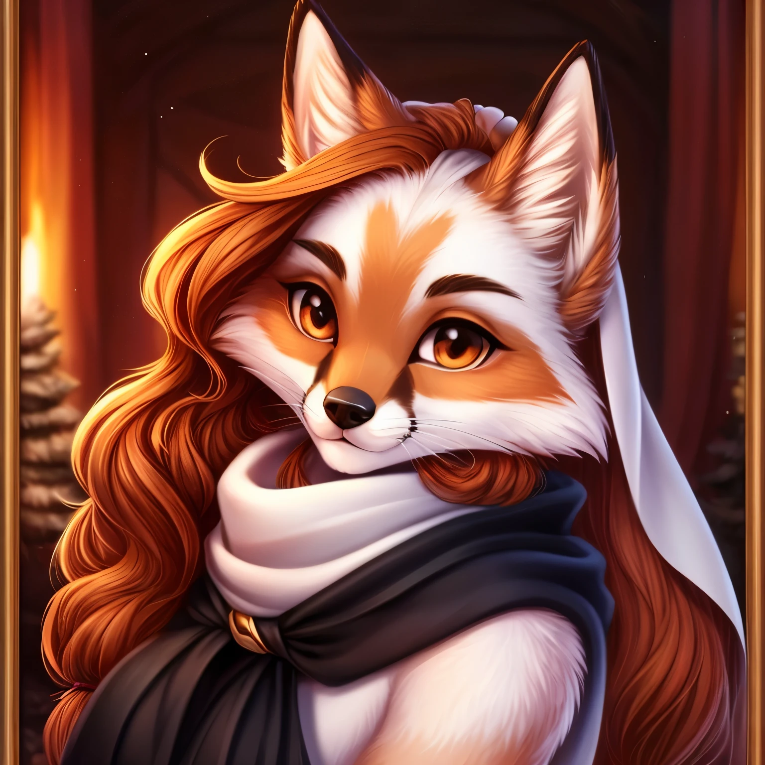 A captivating and intricately rendered full-size portrait emerges before you, showcasing a cuddly and alluring Lop-eared white fox. The fox's ears, adorned with Chifres marrons and speckled with Pupilas vermelhas, frame a face with Cachos curtos e ondulados, adding to its endearing charm. Swathed in a white scarf, the fox's thick, plush fur shines in the finest detail. A and tempting black pattern enhances the seductive allure of this diminutive creature, whose sex is only hinted at in this exquisitely