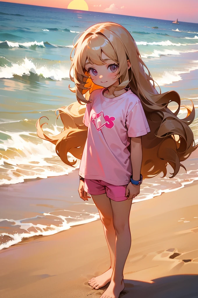 a cute 2  church girl named Anna, long wavy hair, brownish blonde hair, short sleeved white-ish pink wish week tshirt, pink shorts, on a sandy beach, sunset, standing in the sand, slight smile, hand details, feet details, wearing wristbands