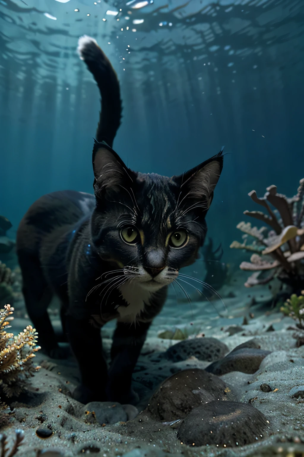 Cute feline explores underwater depths in realistic image with blue background, modern, depth of field, wide angle