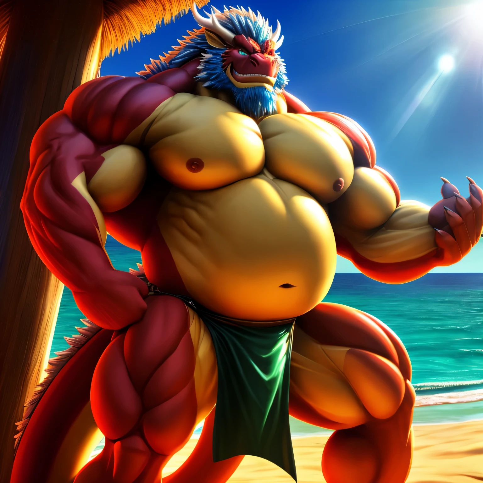  kaido,  eastern dragon king, male dragon, eastern dragon, very big muscles, hulking,  extremely strong, big abdominal muscles, hefty musclegut, pecs, muscular dad body,  Strong and robust musclegut , strong abs, sharp  claws, dragon feet claw, full body, loincloth, one piece, HDR,  nipples, sunlight, daylight, outdoor, bright , sunshine, at noon, fighting pose, good weather,  on sea beach, 8k, best quality .