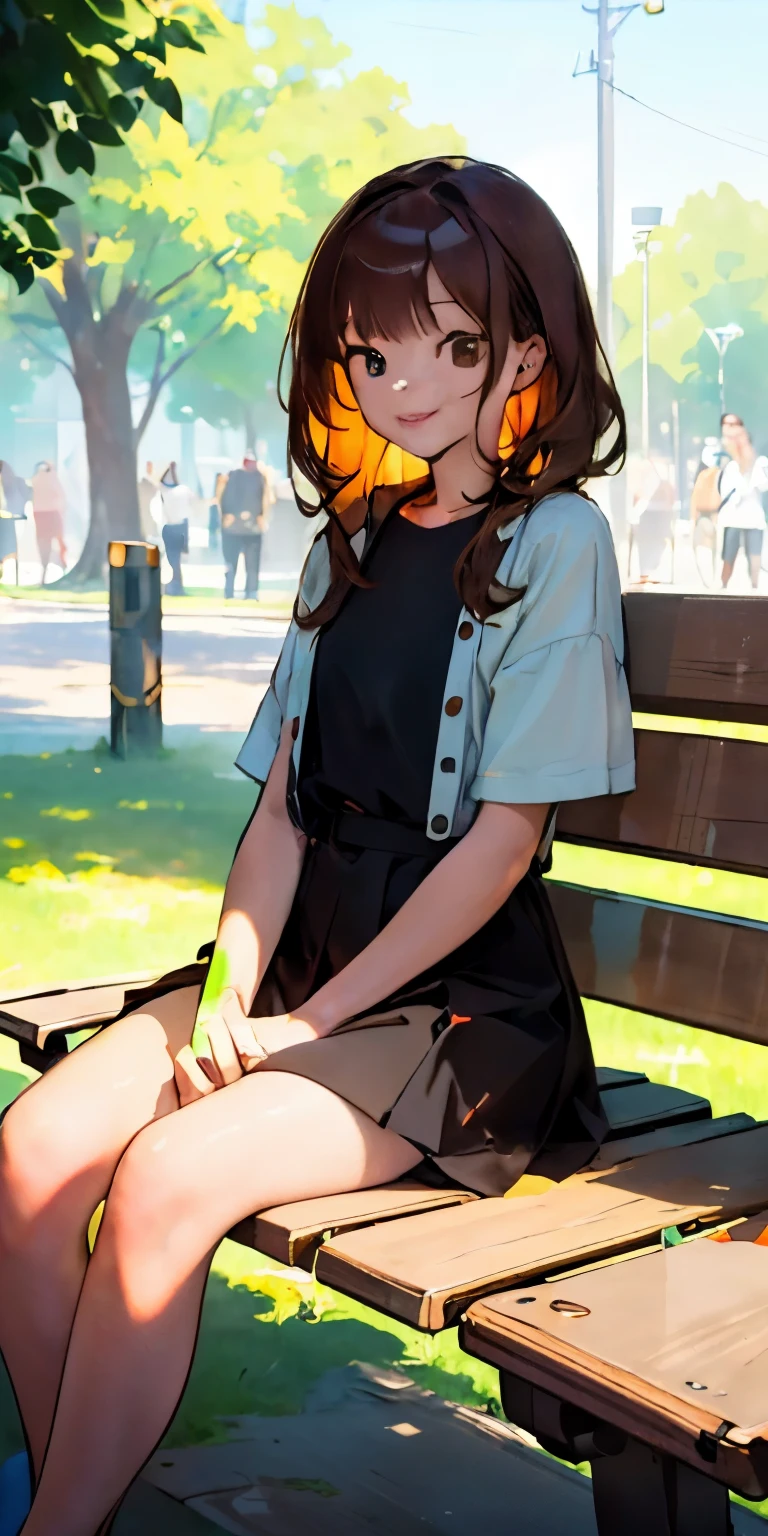(8K, original photo, best quality, masterpiece: 1.2), HD RAW color photos, Professional photos, (true, phototrue: 1.37), ((best quality)), 20 year old female, ((1 person) ), Light, (masterpiece: 1.5), (best quality: 1.2), (Smile: 1), (looking at the audience: 1.2), hair, on a park bench, Book, brown hair, early summer