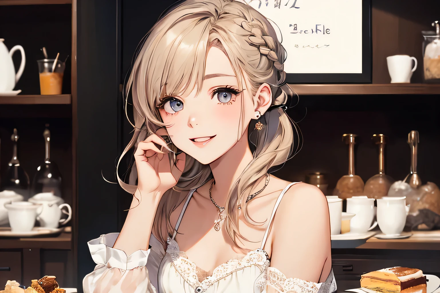 highest quality、High resolution、detailed background、Beautiful and dense face、beautiful and smooth skin、skin texture、cute10代の美少女、(three women)、realistic、perfect body line、braided ponytail、cute髪型、Calm atmosphere、
happy look、smile、laughter、sexual expression、Upper body、Tea time at the cafe、(three womenが可愛いカフェでおしゃべりを楽しみながらケーキやスイーツを味わう:1.5)、
Choose lace tops and flared skirts in white or pastel colors.、sandals or heels、
If the lace top is see-through, Wear it elegantly by layering it with an inner camisole..、
Choose a lace blouse in a soft color and add feminine movement with a pleated skirt.、
Adding lace to the sleeves and collar of the blouse makes it even more cute.、
Choose a colorful lace camisole、Add elegance with a midi skirt。、cute