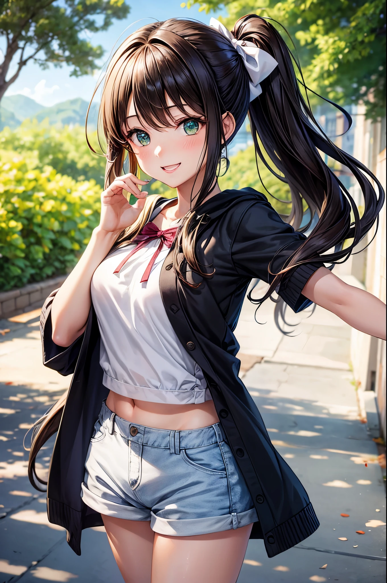 Masterpieces, best quality, 1 girl, anime character style, dark brown long hair, hairstyle ponytail with white bow, white shirt and light green shorts, her smile and look at viewer,