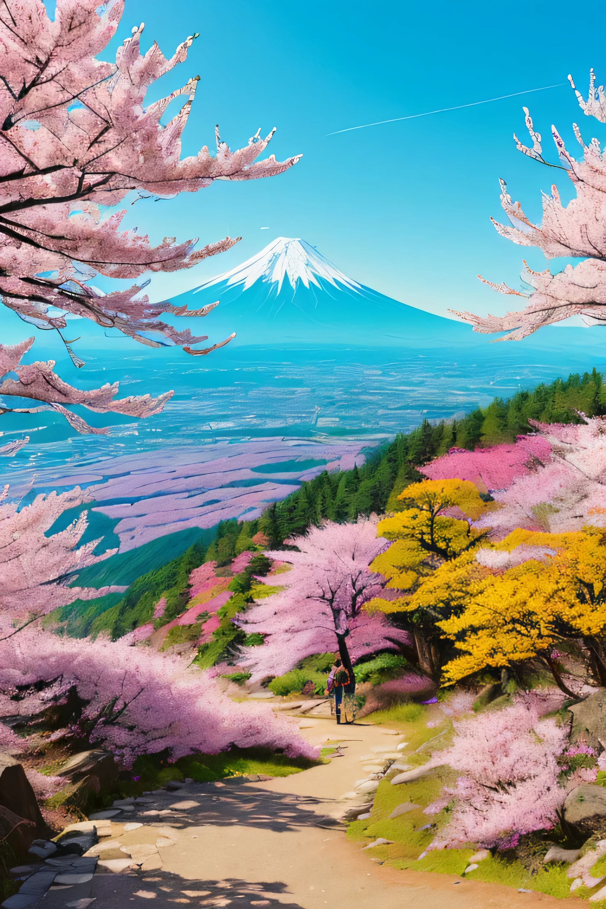 Real-life beautiful hiking trails with background by Greg Rutkowski, truck grizzly style, Studio Ghibli, Akira Toriyama, james gilliard, genshin impact, Trending PIXIV fan box, acrylic palette knife, 4k, (bright colors), (saturated), Become, art station trends, Fuji Mountain、cherry blossoms、