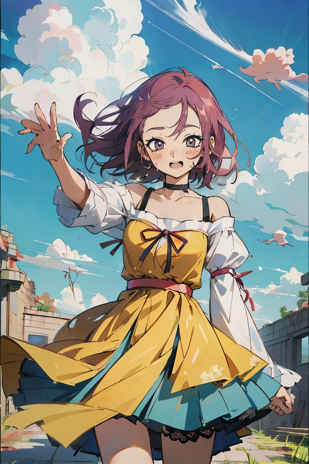 masutepiece, Best Quality, Ultra-detailed, Kisho, jigokuraku, 1 girl, reddish Purple hair, Gray eyes, showa town, Ruins, Bang, Beautiful sky, shining sky, Sunshine, Smiling, Waving, Black Belt, black choker, Dresses that blow the wind, black Lace dress, wool sweaters, Off-shoulder sleeves