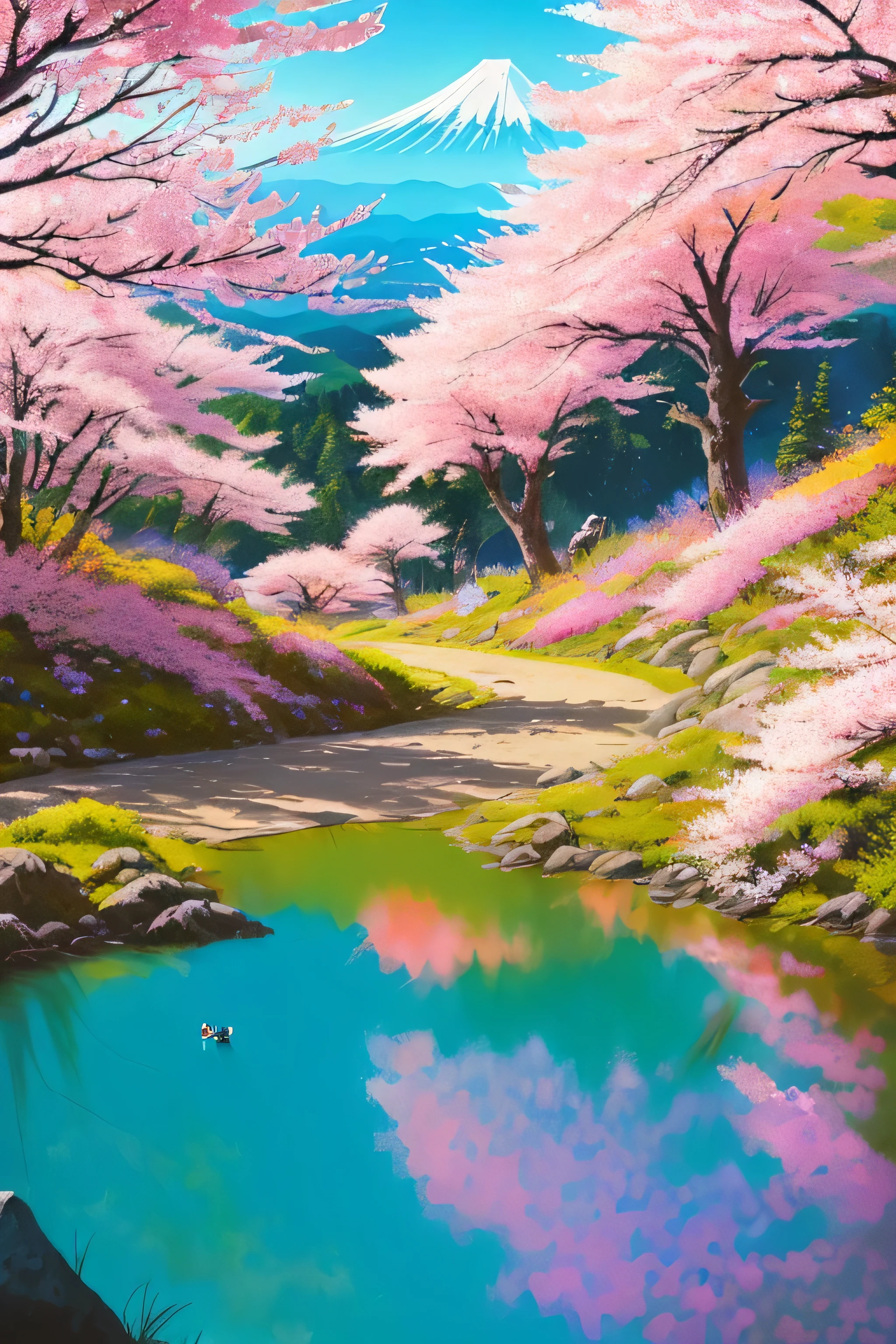 Real-life beautiful hiking trails with background by Greg Rutkowski, truck grizzly style, Studio Ghibli, Akira Toriyama, james gilliard, genshin impact, Trending PIXIV fan box, acrylic palette knife, 4k, (bright colors), (saturated), Become, art station trends, Fuji Mountain、cherry blossoms、