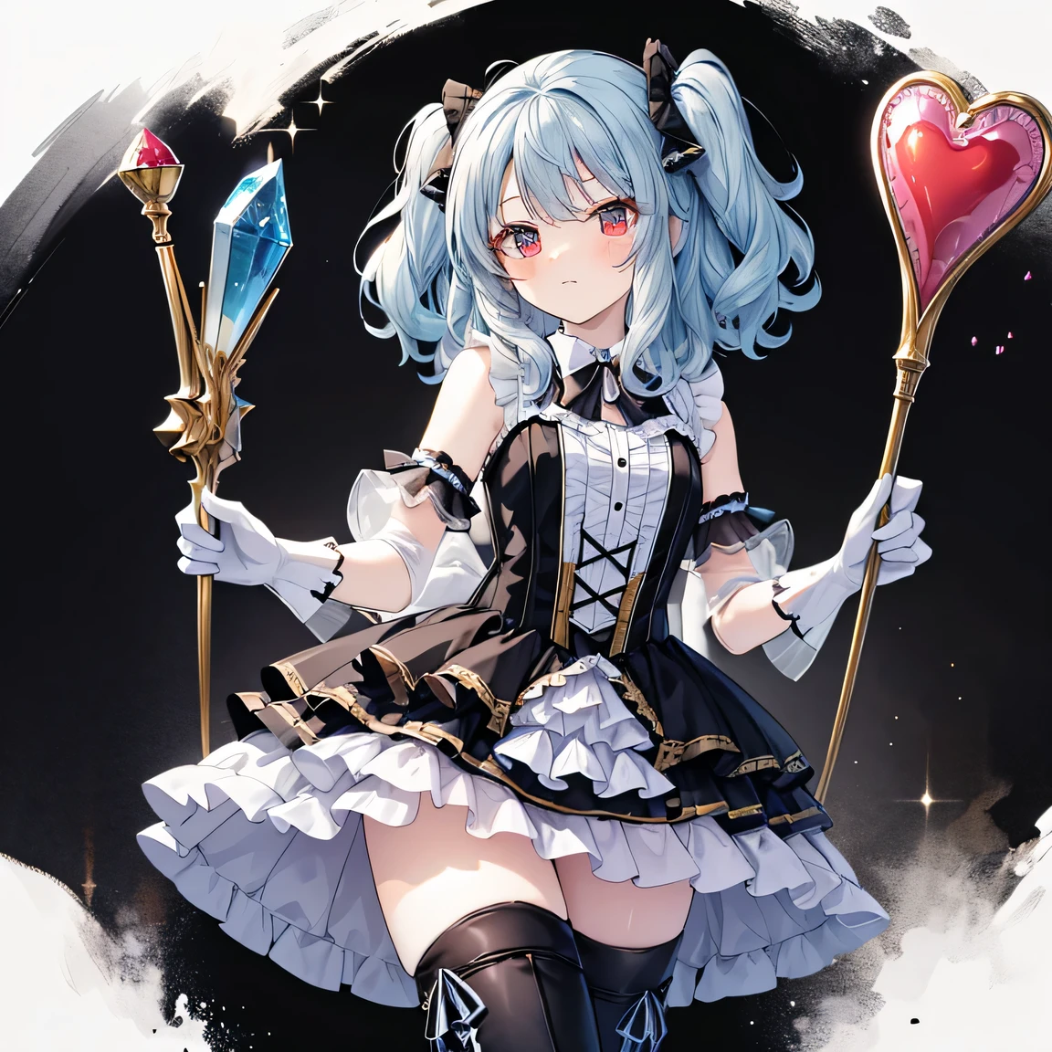 muste piece, high quality,gloves, thighhighs, pasties, boots, wand, staff, holding, thigh boots, elbow gloves, navel, heart, magical girl, heart pasties, holding staff, bowtie, hair bow, nude, ribbon, hair ribbon, star \(symbol\), revealing clothes, jewelry, nsfw