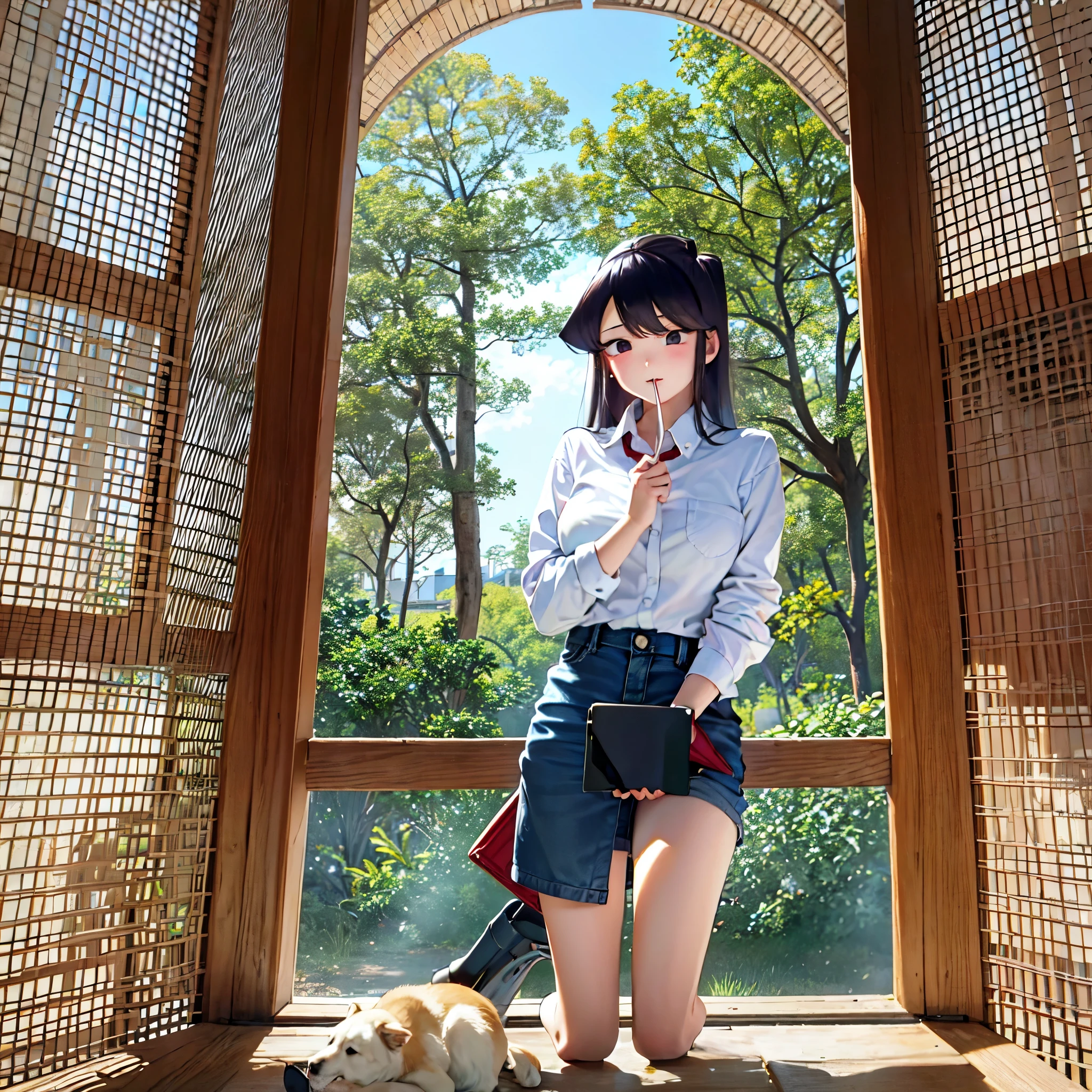 KomiShouko, obra maestra, Mejor calidad, absurdos, 1 chica, mirando al espectador, brazos, pantys, aula, Uniforme escolar, falda roja, Arco rojo, chaqueta de sport, ventana, session, silla, multitud,cruzando las piernas,muslos medianos.
