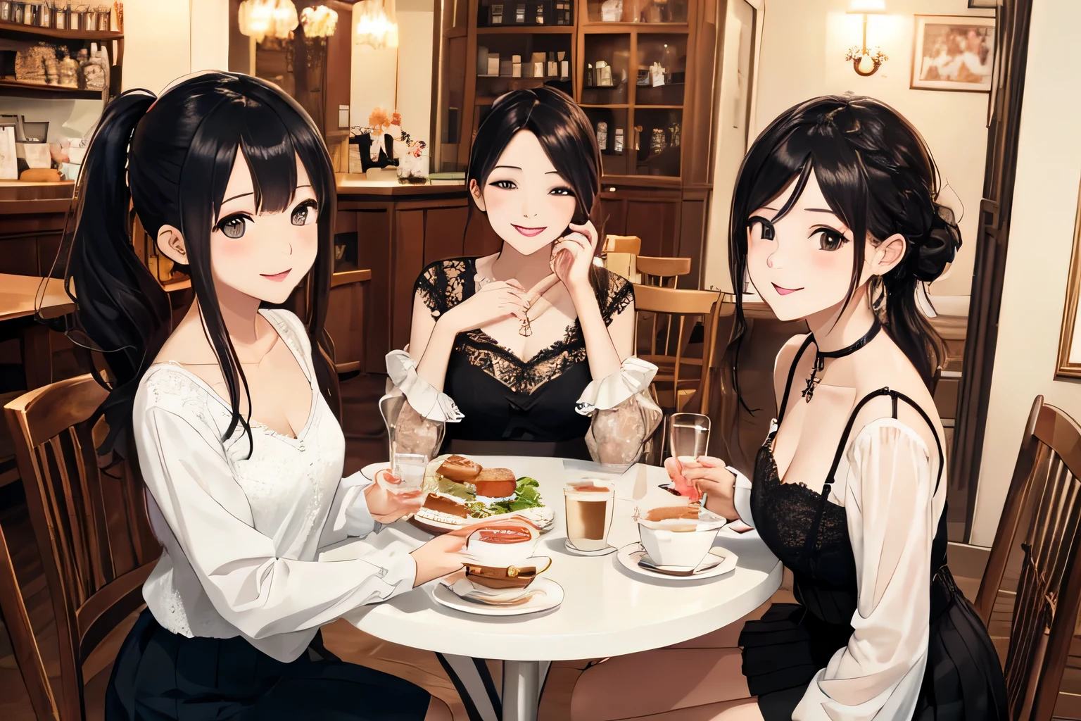 highest quality、High resolution、detailed background、Beautiful and dense face、beautiful and smooth skin、skin texture、cute10代の美少女、(three women)、realistic、perfect body line、braided ponytail、cute髪型、Calm atmosphere、
happy look、smile、laughter、sexual expression、Upper body、Tea time at the cafe、(three womenが可愛いカフェでおしゃべりを楽しみながらケーキやスイーツを味わう:1.5)、
Choose lace tops and flared skirts in white or pastel colors.、sandals or heels、
If the lace top is see-through, Wear it elegantly by layering it with an inner camisole..、
Choose a lace blouse in a soft color and add feminine movement with a pleated skirt.、
Adding lace to the sleeves and collar of the blouse makes it even more cute.、
Choose a colorful lace camisole、Add elegance with a midi skirt。、cute