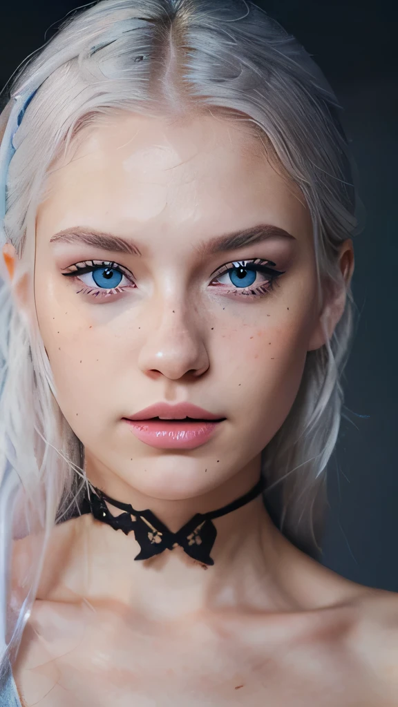 Aurora Luna is a beautiful young Russian girl, com pele clara, cabelo platinado, olhos azuis e sardas por todo o rosto. your angelic and well-drawn face is perfect, very attractive next to her pink lips