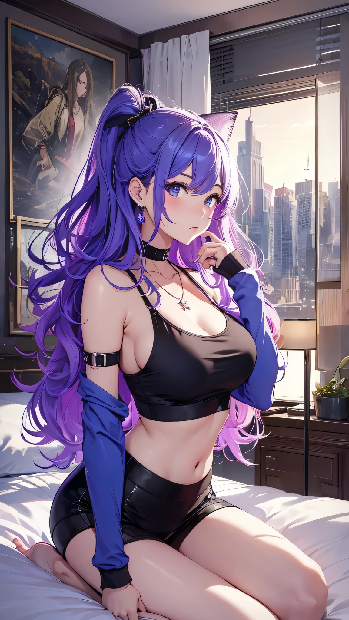 最high quality、best image quality、masterpiece、girl((20-year-old、 By becoming、vest bust、medium bust,wide open breast tea、shining eyes, neon hair、long hair、thin,highest valley、black tank top、blue pants、full body tattoo,diamond earrings、Wristband、necklace,bedの上で寝る,lie)),high quality、beautiful art、background((Beautiful hotel room,bed、Cat))、Flight、debris flies、Depth of written boundary、movie、visual art、perfect art、8K,genuine、Dynamic Performance