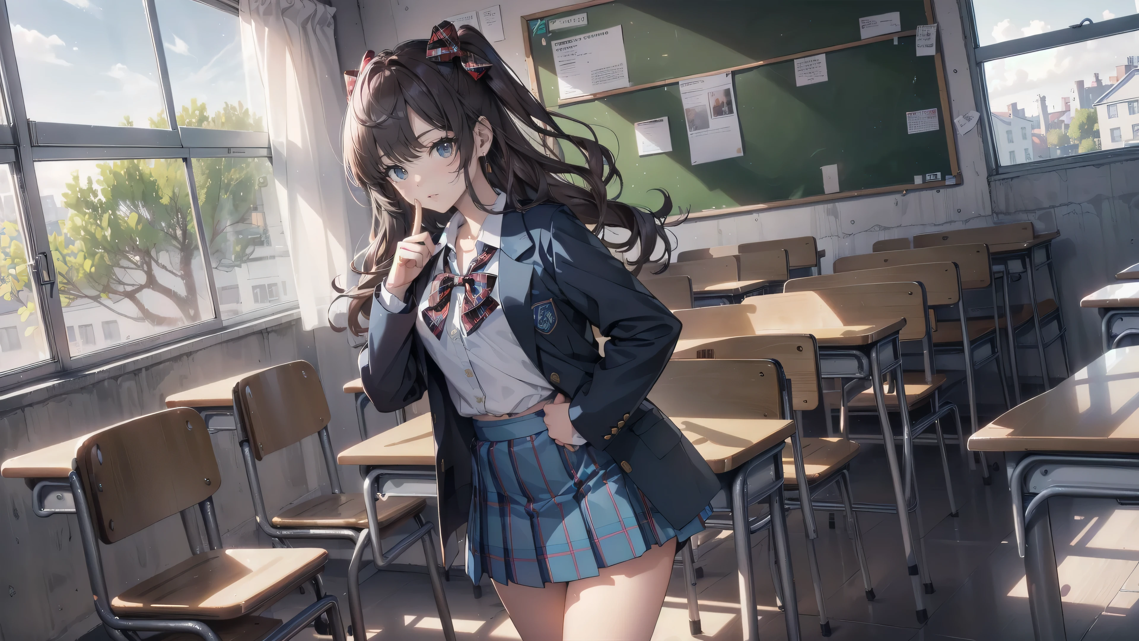 ((top quality, ultra-detailed, high resolution, extremely detailed CG, unity 8k wallpaper, by famous artist, perfect anatomy, super detailed skin, cinematic lighting, UHD, retina, anatomically correct, 1080P)), ((Please draw a single one girl walking in a classroom school:1.3)), ((1girl)), (Solo, face,17-year-old:2.0), a high school student. Ichinose Shiki, long hair, two side up, hair bow, medium breasts, earrings, school uniform, school scenery background, classroom, medium butt, groin, perfect eyes, american blazer uniform girl ((white blouse with formal collar, blue blazer, blue plaid skirt, red plaid bow on the blouse)), full limbs, complete fingers, ((perfect fingers)), ((Detailed Lighting)), ((Detailed background)), (in the school zone), ((full body view)), ((standing)), ((legs)), uwabaki shoes, beautiful single girl (one girl), full body shot. Background is the school, front body ((walking, standing)), pretty eyelashes, make up, electric eyes, ((perfect shoes))