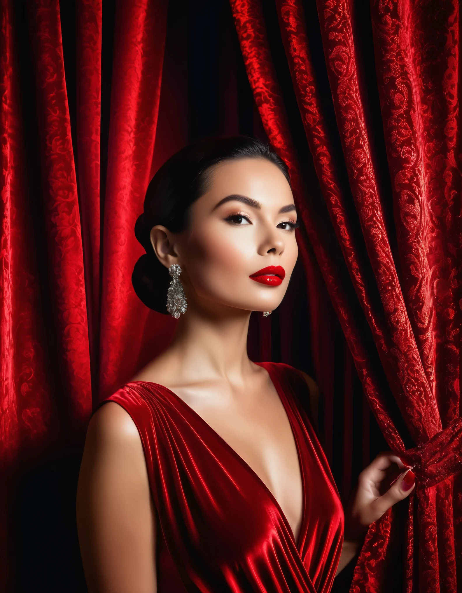A glamorous woman with radiant skin and a bold red lip, standing before a luxurious velvet curtain backdrop, illuminated by fractal light.
