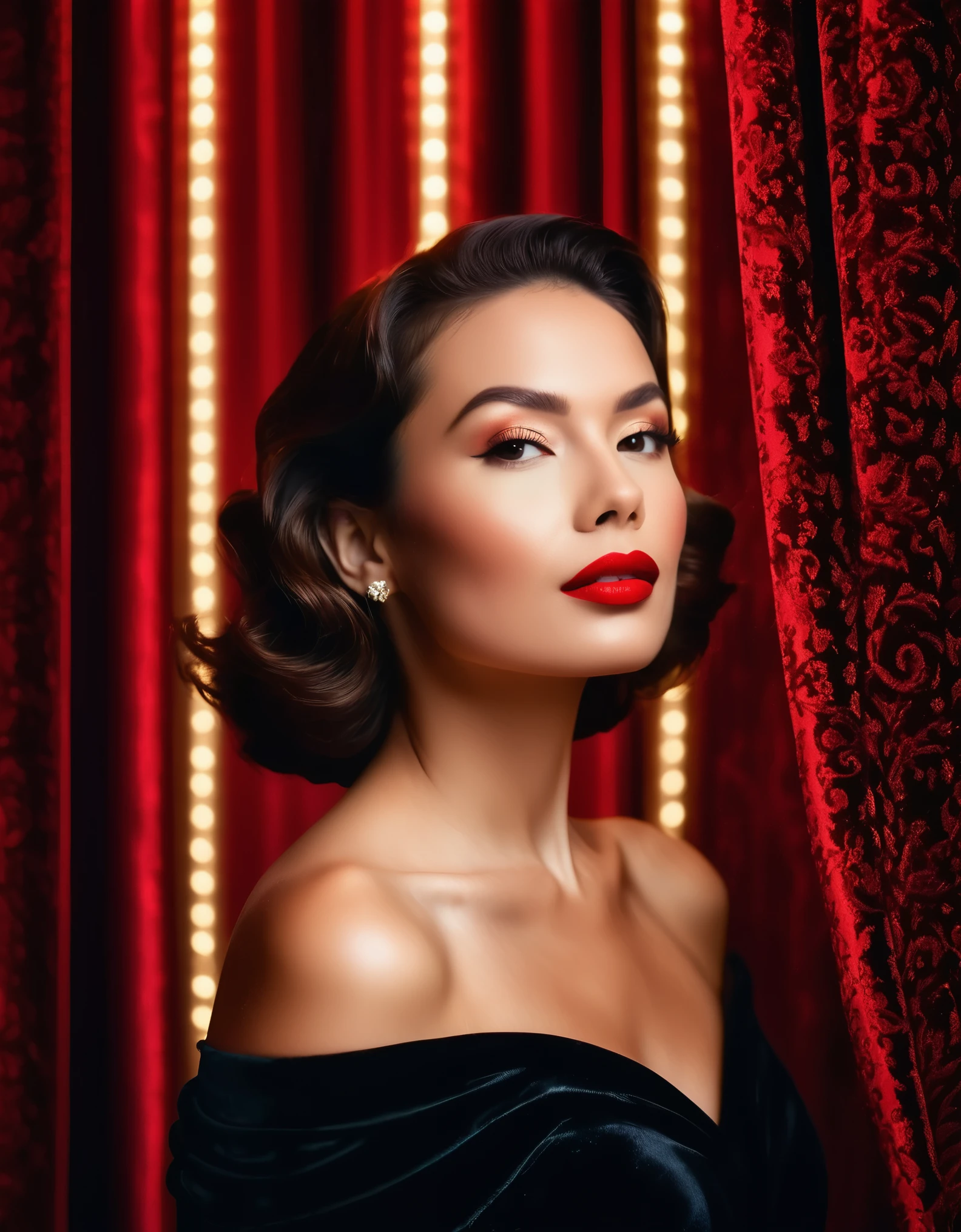 A glamorous woman with radiant skin and a bold red lip, standing before a luxurious velvet curtain backdrop, illuminated by fractal light.