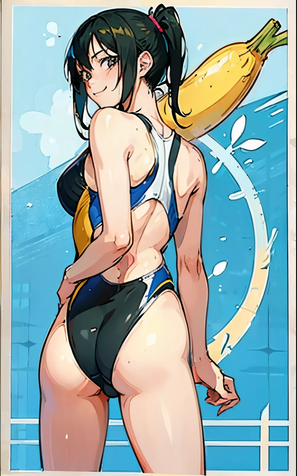 Eiichiro Oda touch、adult comics、straddling a big banana、He's showing off his butt to me.、back、back、Turn around and smile ASICS black competitive swimsuit high cut、girl