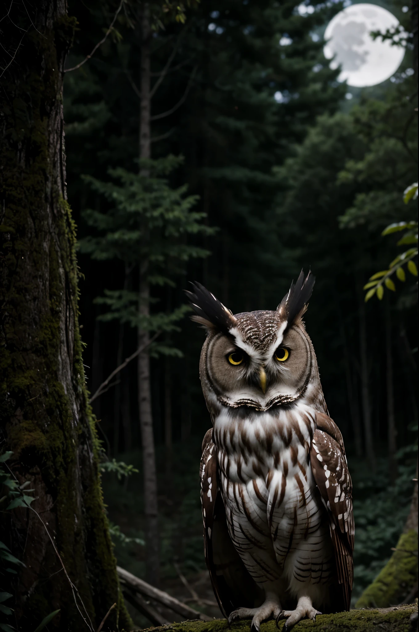 El encuentro de medianoche de Yolande Yolande, dressed in a dress that whispers stories of yesteryear, se encuentra en un #EEEEEE bosque de colores bajo un cielo iluminado por la luna. De repente, una criatura con un brillo #Surge el efecto 176B87, sus ojos fijos en ella. The atmosphere is fraught with tension and fear.. The trees seem to get closer to her., sus ramas se extienden como manos retorcidas. An owl hoots in the distance, y el escalofriante sonido de pasos la sigue.