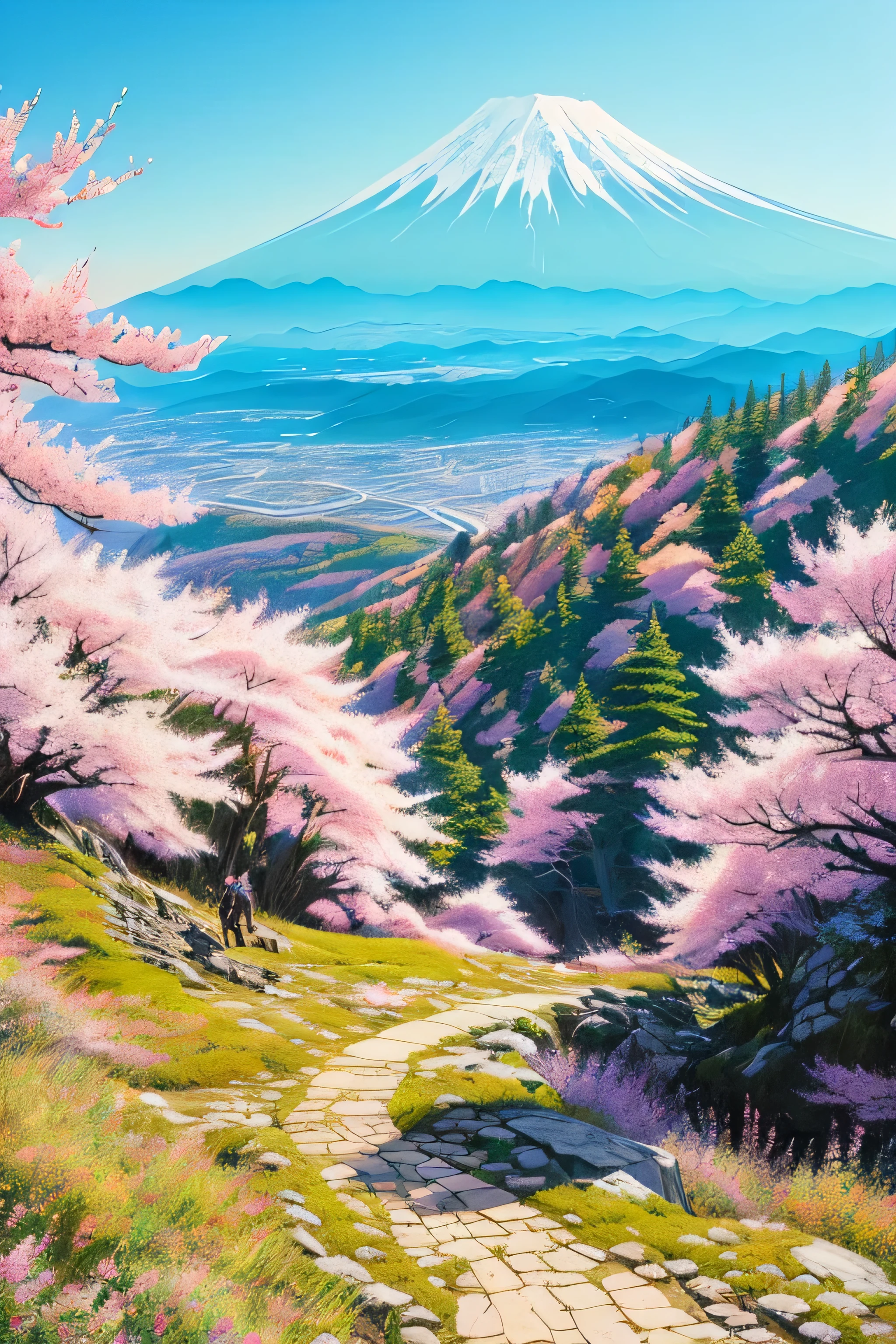 Real-life beautiful hiking trails with background by Greg Rutkowski, truck grizzly style, Studio Ghibli, Akira Toriyama, james gilliard, genshin impact, Trending PIXIV fan box, acrylic palette knife, 4k, (bright colors), (saturated), Become, art station trends, Fuji Mountain、cherry blossoms、