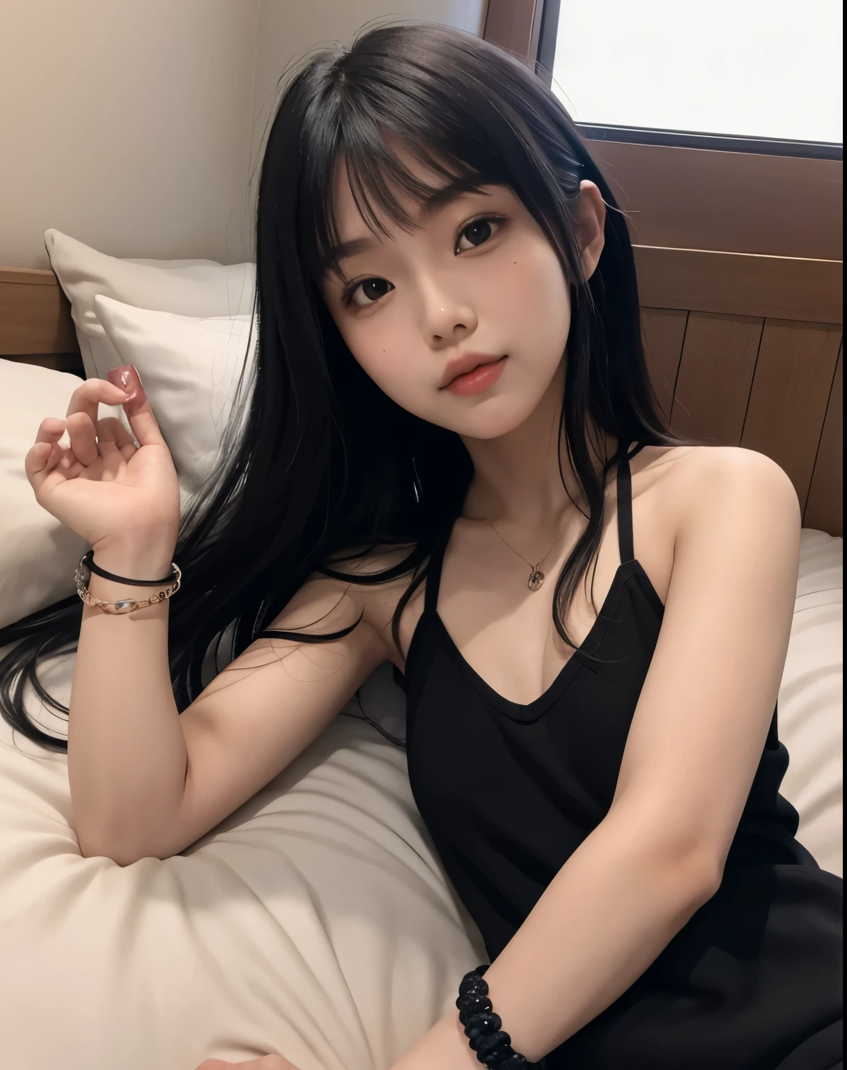 Hinata Hyuuga lying in bed with a bracelet on her arm,  posando na cama, Beautiful Asian girl, na cama, selfie do instagram, iphone selfie, posando em um quarto