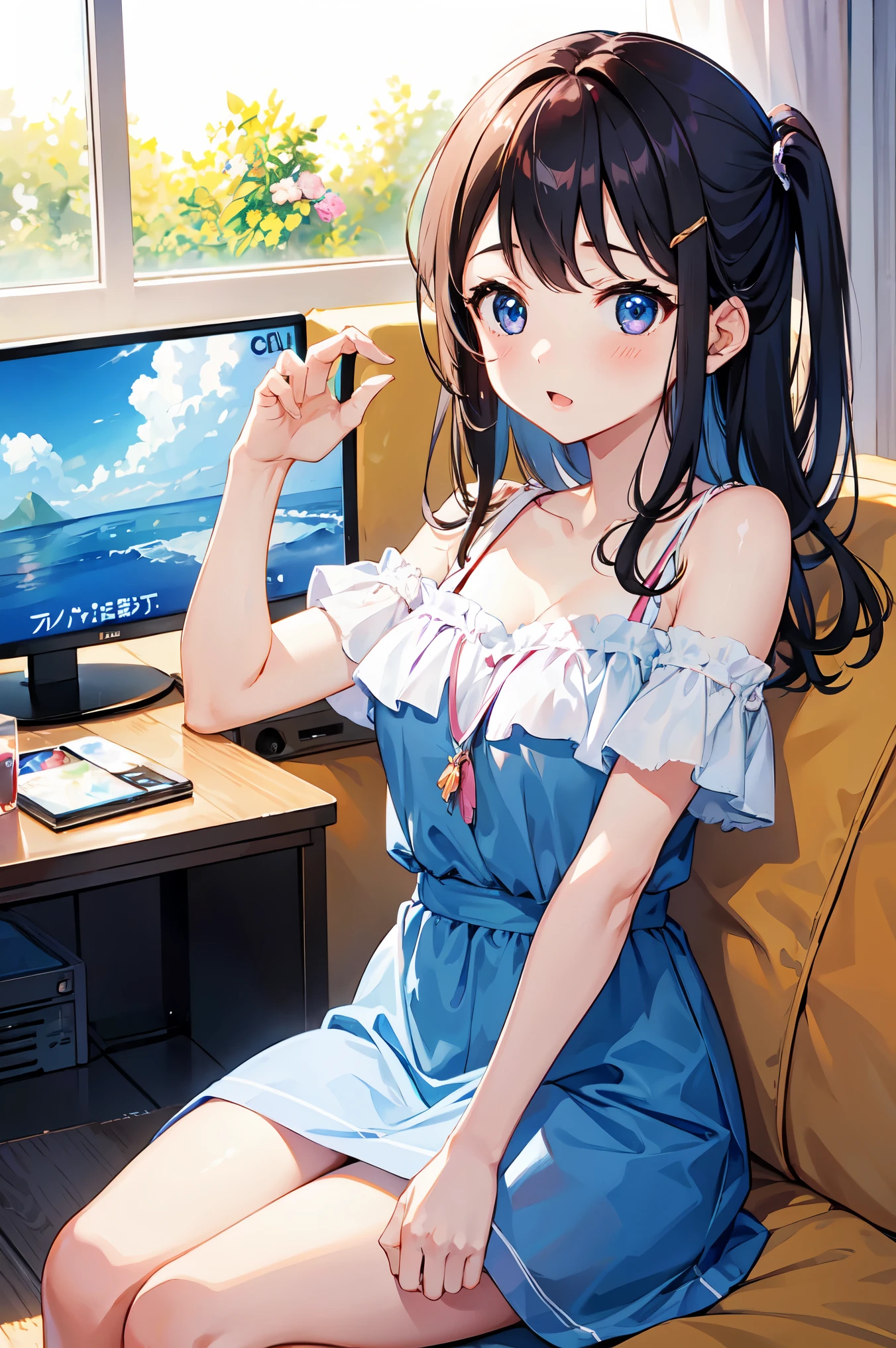 Anime girl sitting on a couch with a computer and a monitor - SeaArt AI