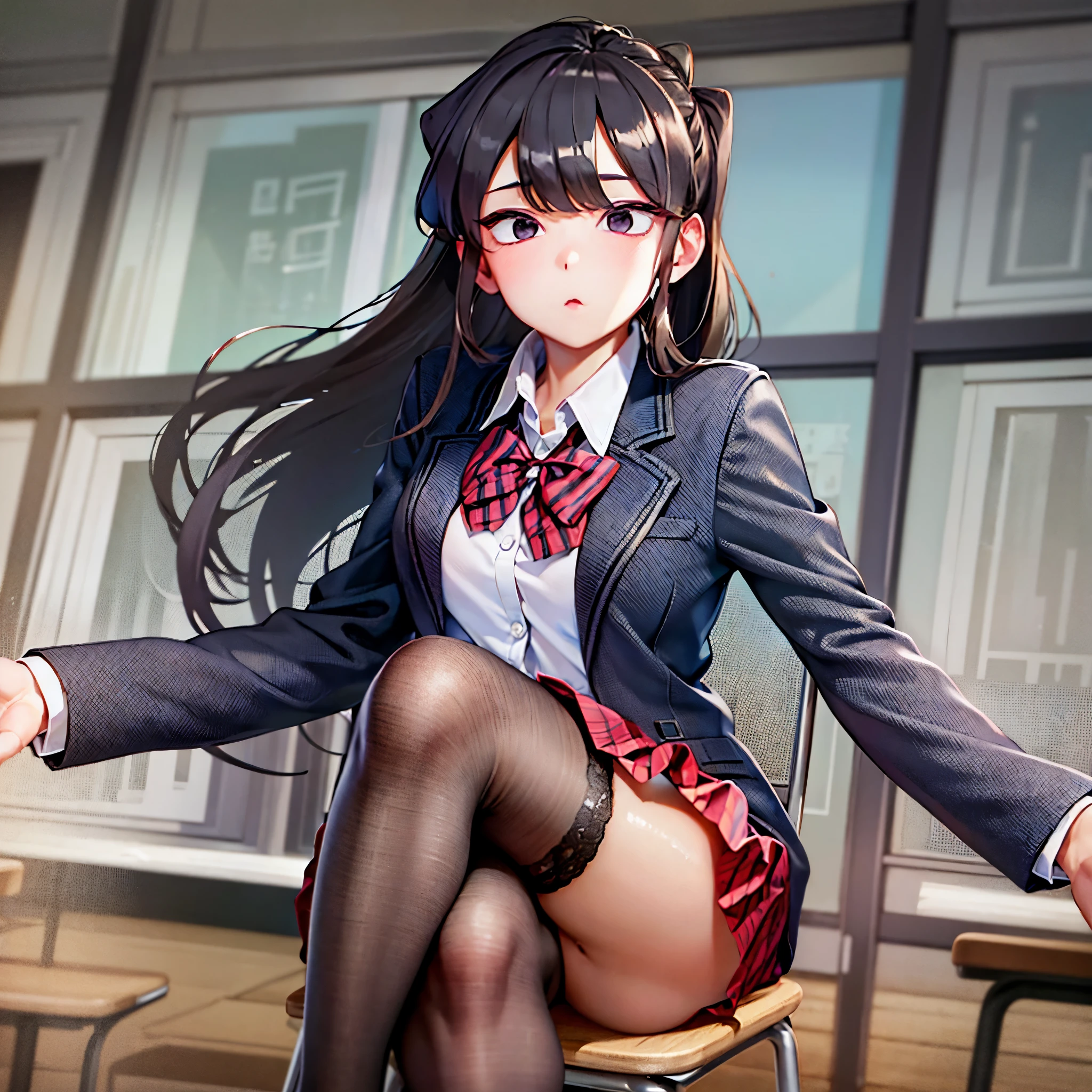 komiShouko, masterpiece, best quality, absurdres, 1girl, looking at viewer, v arms, pantyhose, classroom, school uniform, red skirt, red bow, blazer, window, sitting, chair, crowd,crossing legs,medium thighs.