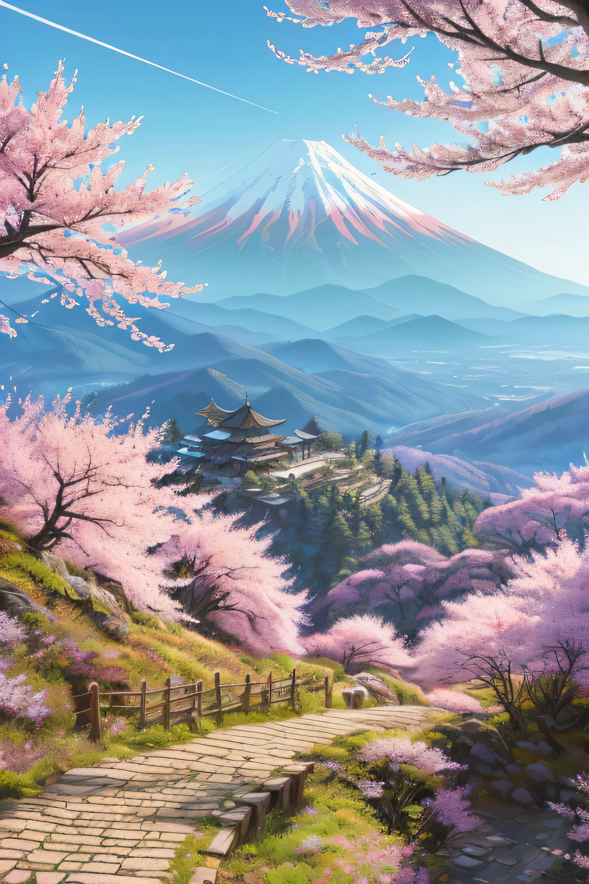 Real-life beautiful hiking trails with background by Greg Rutkowski, truck grizzly style, Studio Ghibli, Akira Toriyama, james gilliard, genshin impact, Trending PIXIV fan box, acrylic palette knife, 4k, (bright colors), (saturated), Become, art station trends, Fuji Mountain、cherry blossoms、