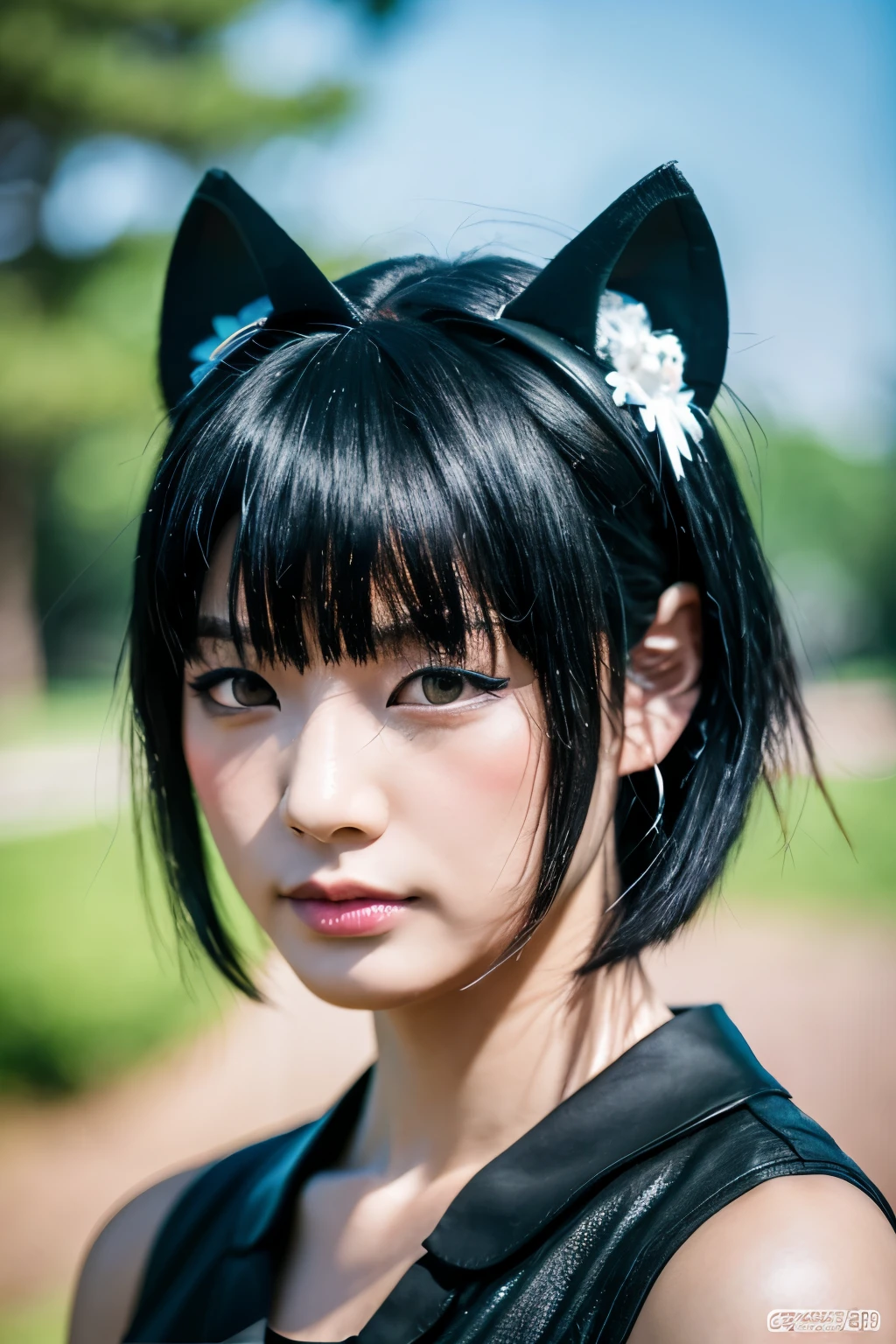 black hair, wince, longeyelashes, solid circle eyes, fake animal ears, ear blush, fang, drop shadow, tachi-e, pov, atmospheric perspective, 8k, super detail, ccurate, best quality, textured skin, 4K