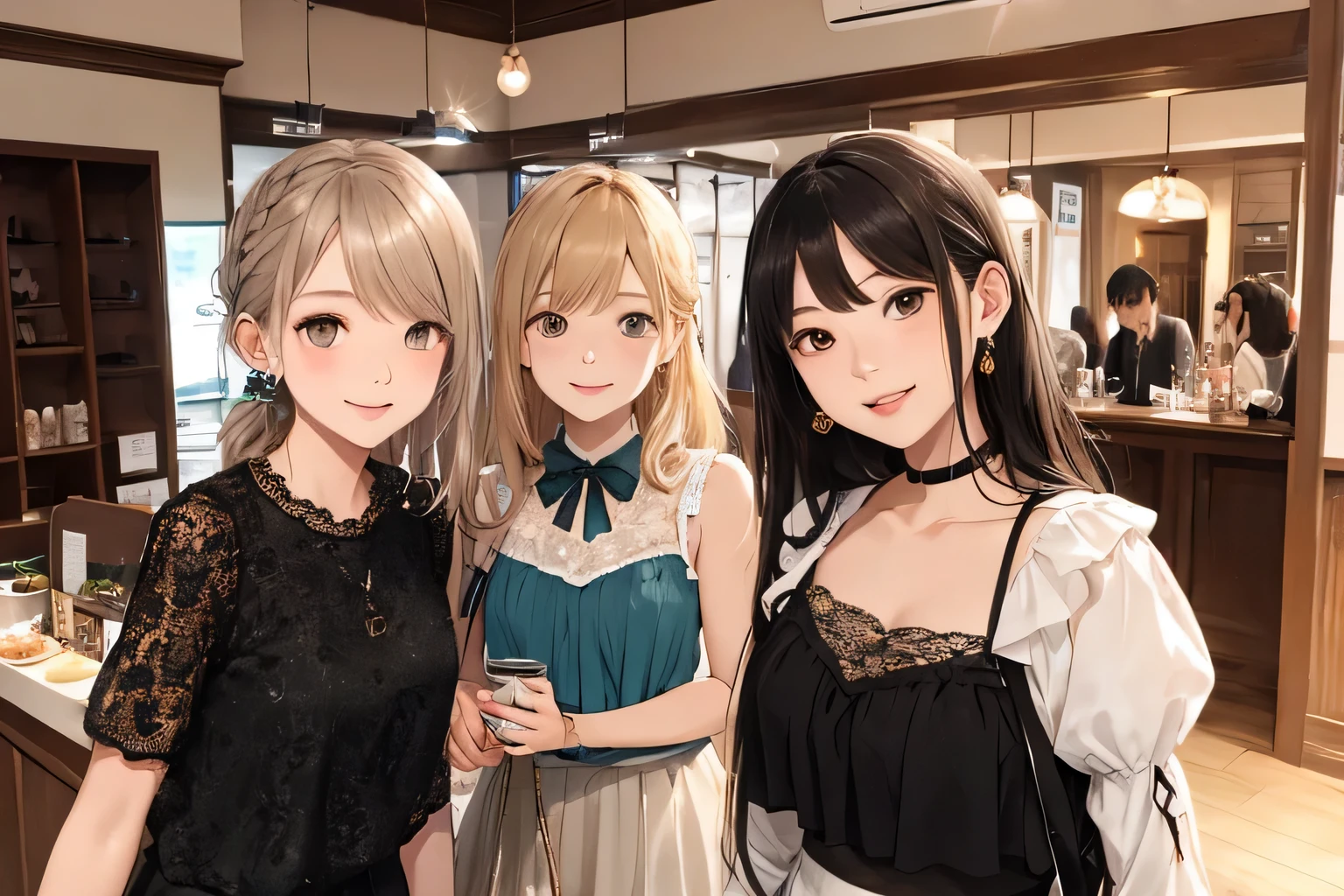 highest quality、High resolution、detailed background、Beautiful and dense face、beautiful and smooth skin、skin texture、cute10代の美少女、(three women)、realistic、perfect body line、braided ponytail、cute髪型、Calm atmosphere、
happy look、smile、laughter、sexual expression、Upper body、Tea time at the cafe、(three womenが可愛いカフェでおしゃべりを楽しみながらケーキやスイーツを味わう:1.5)、
Choose lace tops and flared skirts in white or pastel colors.、sandals or heels、
If the lace top is see-through, Wear it elegantly by layering it with an inner camisole..、
Choose a lace blouse in a soft color and add feminine movement with a pleated skirt.、
Adding lace to the sleeves and collar of the blouse makes it even more cute.、
Choose a colorful lace camisole、Add elegance with a midi skirt。、cute