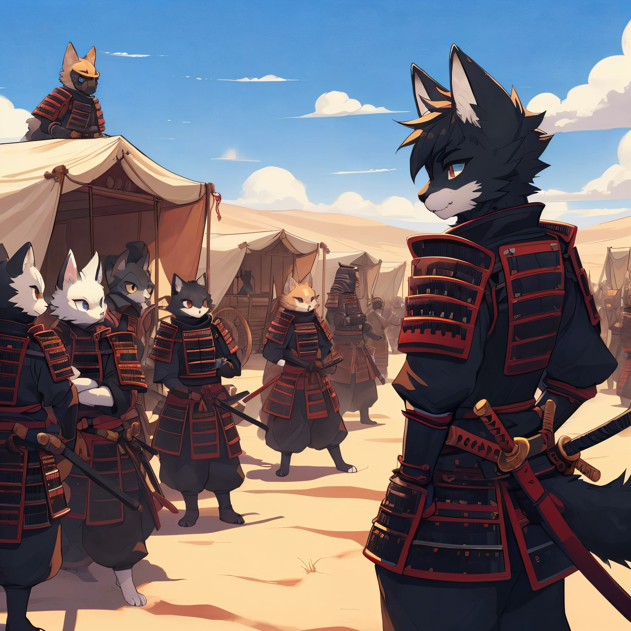 
An army of anthropomorphic furry kemono-style cats, wearing black and red samurai armor, are in a desert checking caravans and talking to the population, desert, anime style