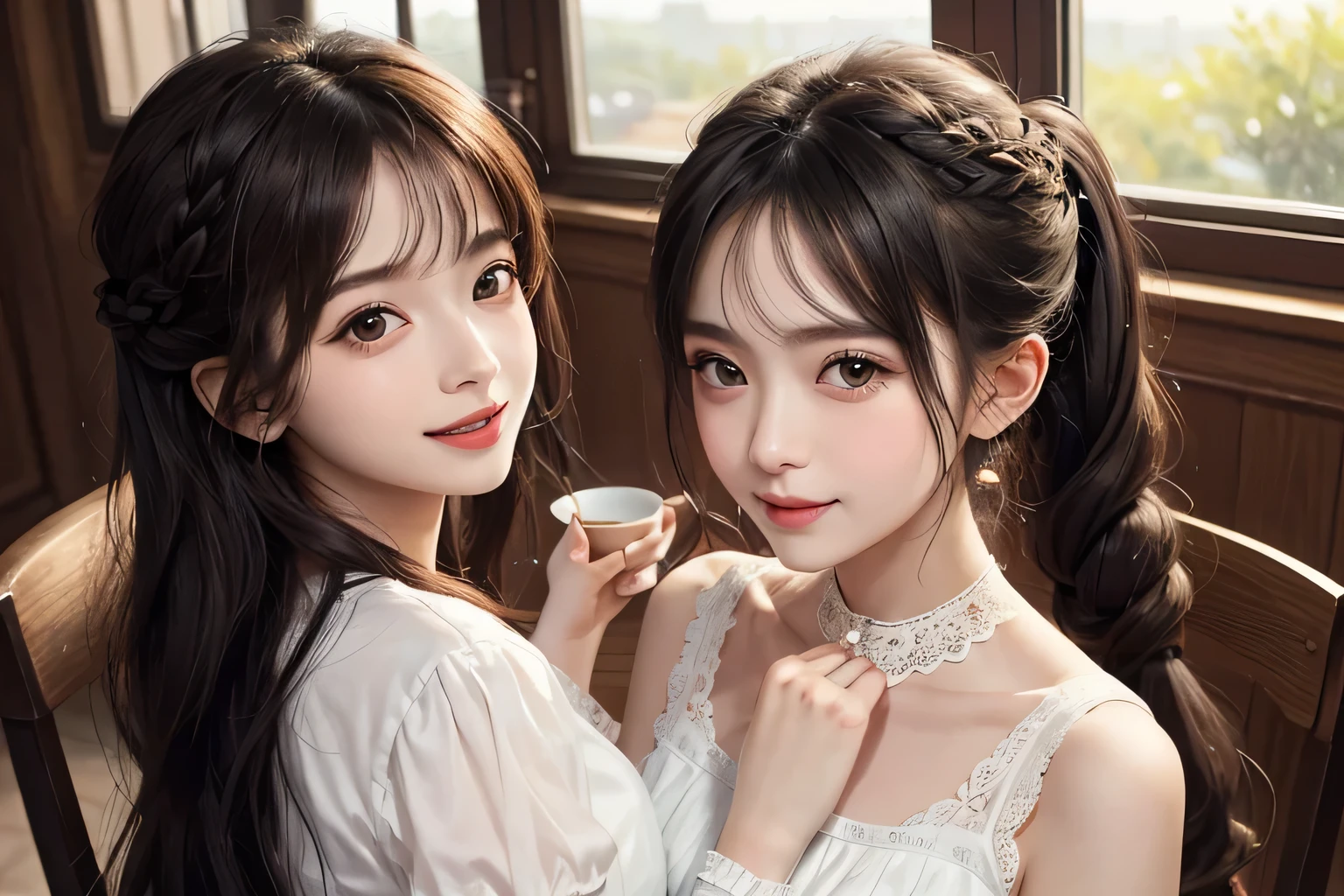 highest quality、High resolution、detailed background、Beautiful and dense face、beautiful and smooth skin、skin texture、cute10代の美少女、(three women)、realistic、perfect body line、braided ponytail、cute髪型、Calm atmosphere、
happy look、smile、laughter、sexual expression、Upper body、Tea time at the cafe、(three womenが可愛いカフェでおしゃべりを楽しみながらケーキやスイーツを味わう:1.5)、
Choose lace tops and flared skirts in white or pastel colors.、sandals or heels、
If the lace top is see-through, Wear it elegantly by layering it with an inner camisole..、
Choose a lace blouse in a soft color and add feminine movement with a pleated skirt.、
Adding lace to the sleeves and collar of the blouse makes it even more cute.、
Choose a colorful lace camisole、Add elegance with a midi skirt。、cute