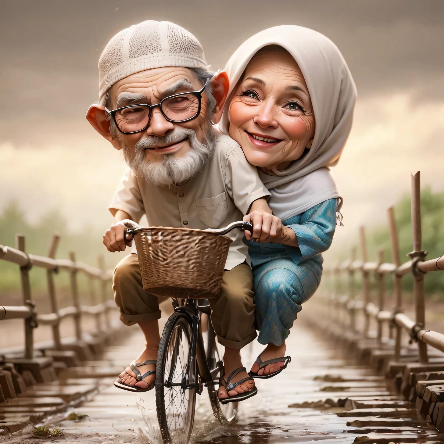 cartoon of a man and woman riding a bicycle on a bridge,  happy couple, two old people,  lovely couple,  true love, potrait,  2 people, cartoon art, amazing artwork