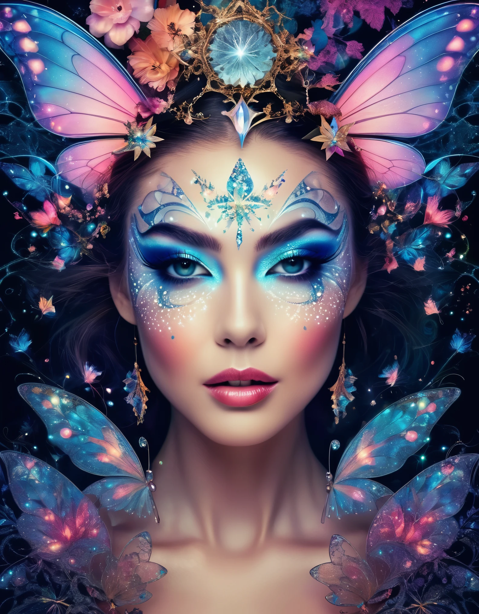 A mesmerizing portrait of a woman with dramatic makeup and a playful wink, surrounded by whimsical fairy tale elements and fractal designs.
