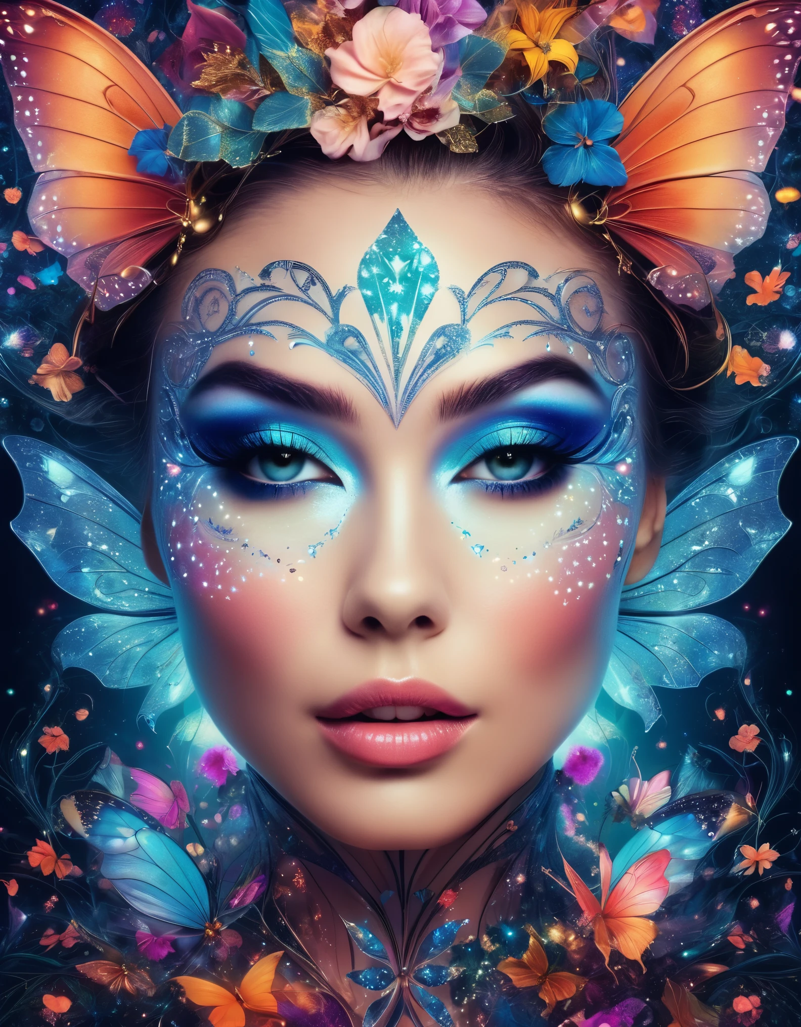 A mesmerizing portrait of a woman with dramatic makeup and a playful wink, surrounded by whimsical fairy tale elements and fractal designs.