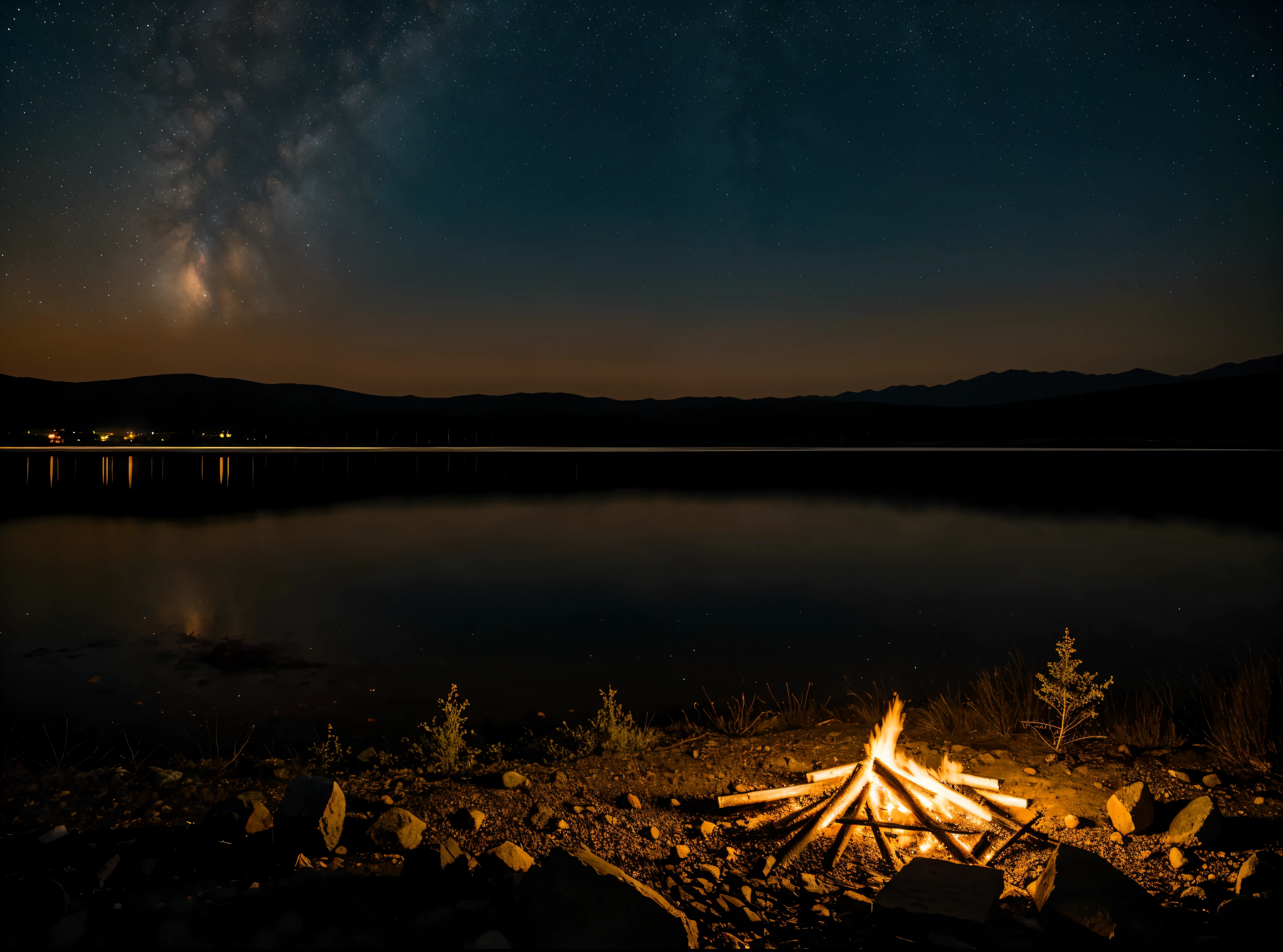 solo una hoguera, tarde oscura, Paisaje terrestre ,small fire camp ,the lake is behind, The sky is full of stars