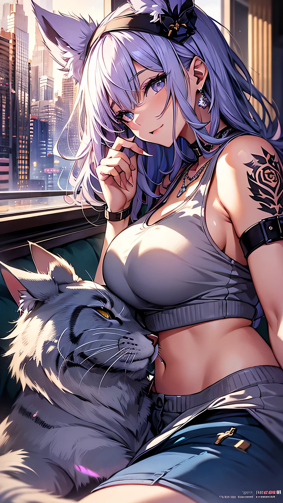 最high quality、best image quality、masterpiece、girl((20-year-old、 By becoming、vest bust、medium bust,wide open breast tea、shining eyes, neon hair、long hair、thin,highest valley、black tank top、blue pants、full body tattoo,diamond earrings、Wristband、necklace,bedの上で寝る,lie)),high quality、beautiful art、background((Beautiful hotel room,bed、Cat))、Flight、debris flies、Depth of written boundary、movie、visual art、perfect art、8K,genuine、Dynamic Performance