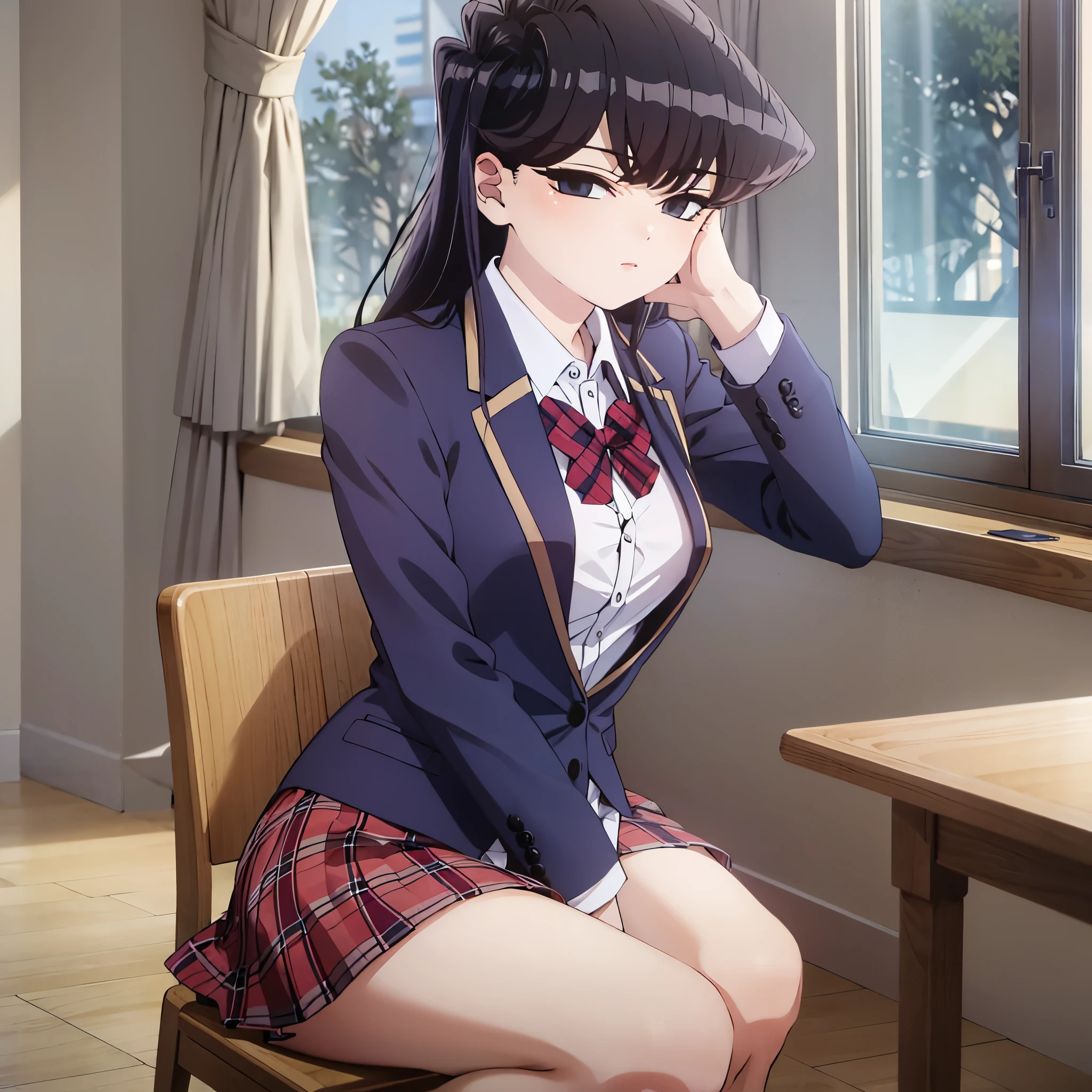 komiShouko, masterpiece, best quality, absurdres, 1girl, looking at viewer, v arms, pantyhose, classroom, school uniform, red skirt, red bow, blazer, window, sitting, chair, crowd,crossing legs,medium thighs.