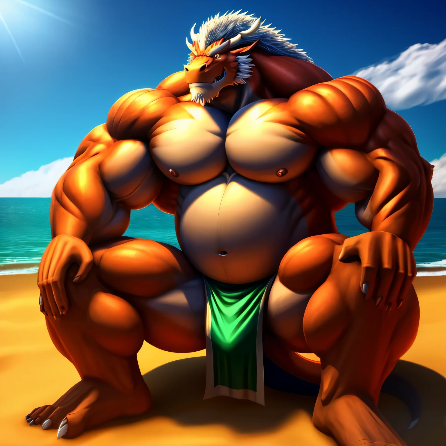  kaido,  eastern dragon king, male dragon, eastern dragon, very big muscles, hulking,  extremely strong, big abdominal muscles, hefty musclegut, pecs, muscular dad body,  Strong and robust musclegut , strong abs, sharp  claws, dragon feet claw, full body, loincloth, one piece, HDR,  nipples, sunlight, daylight, outdoor, bright , sunshine, at noon, fighting pose, good weather,  on sea beach, 8k, best quality .