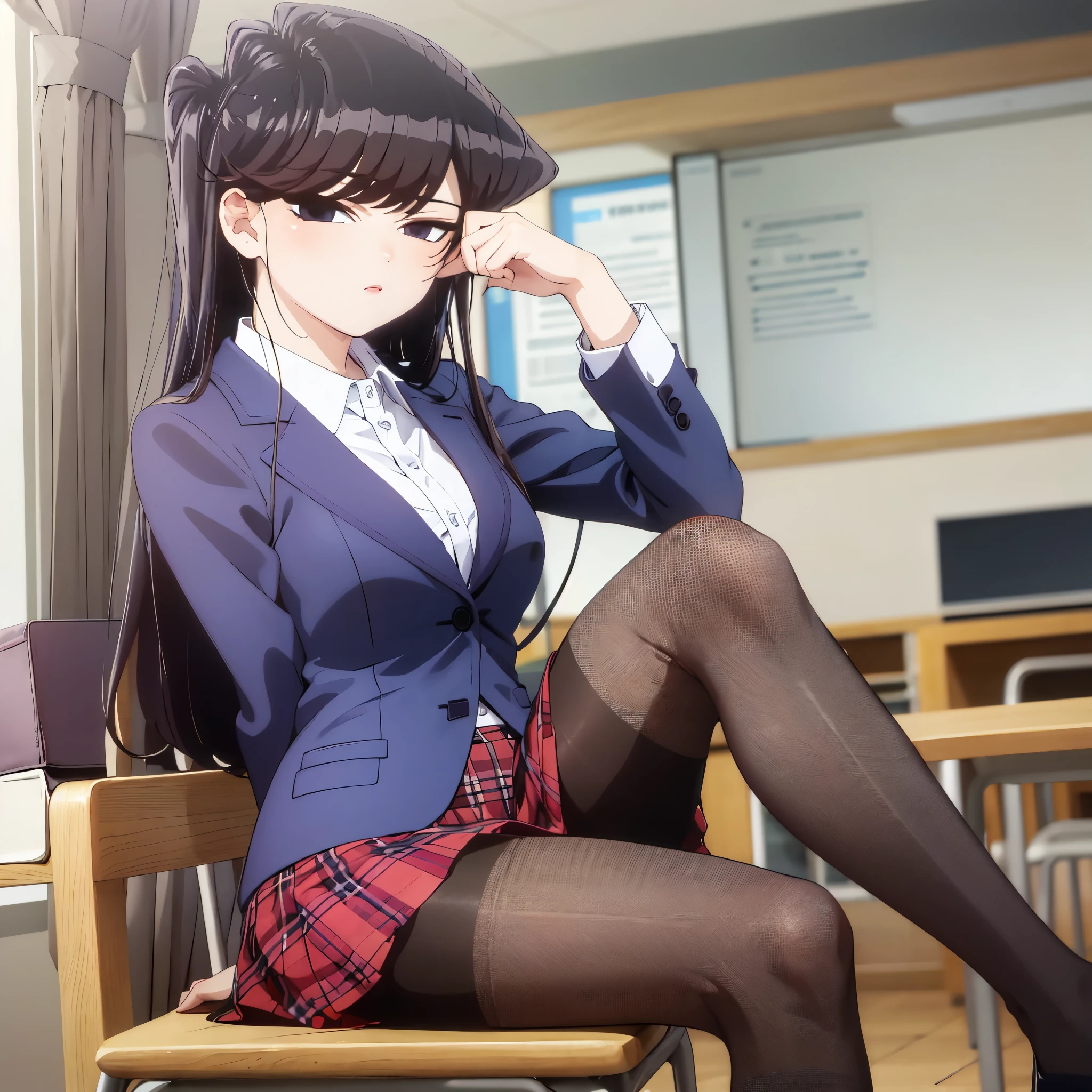 komiShouko, masterpiece, best quality, absurdres, 1girl, looking at viewer, v arms, pantyhose, classroom, school uniform, red skirt, red bow, blazer, window, sitting, chair, crowd,crossing legs,medium thighs.