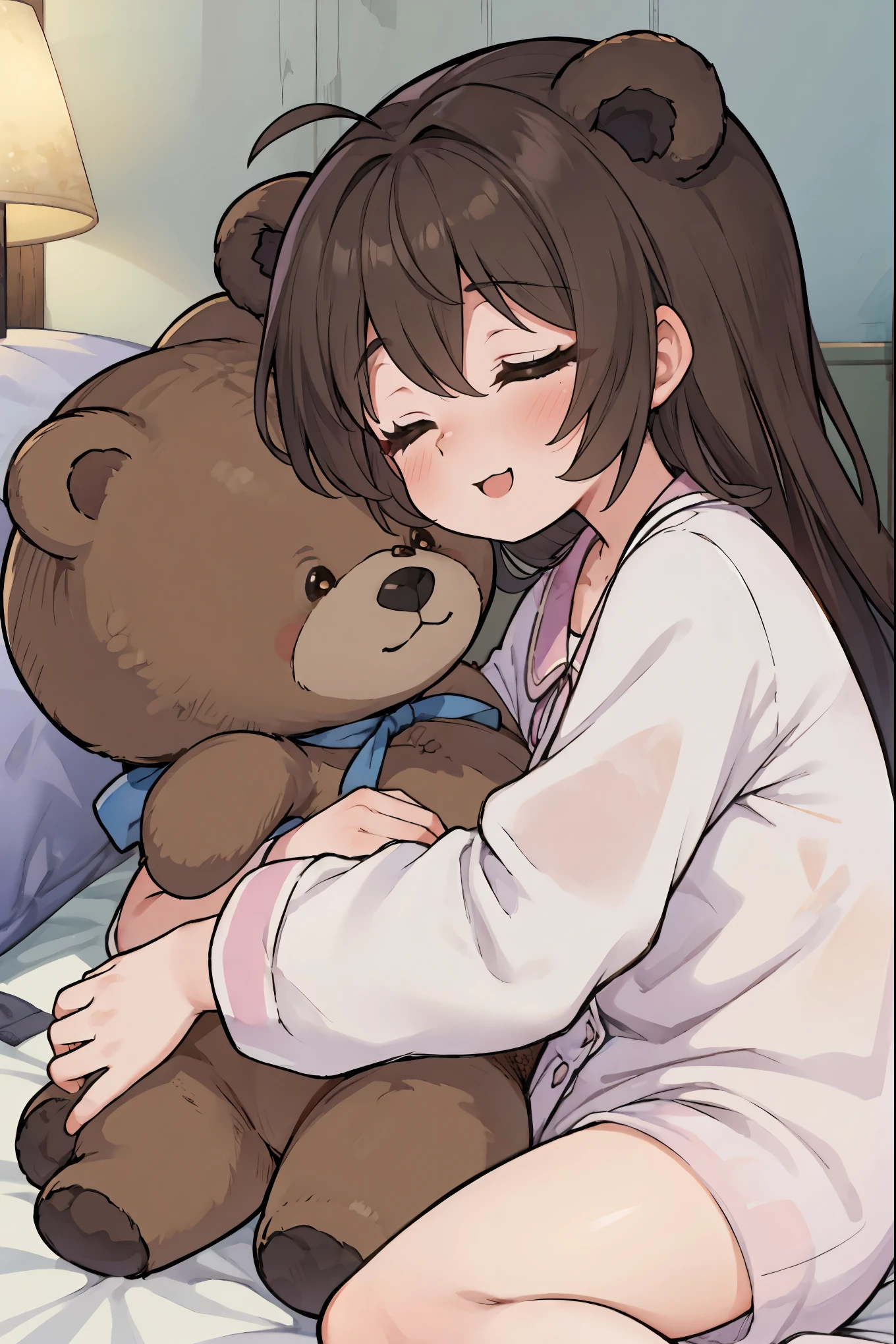 Best Quality, of the highest quality, ultra-detailliert, hight resolution, hight resolution, nffsw, 4K, 8K, Unity 8k壁纸, extremely details CG, On the chest is a stuffed brown bear,Leave the color as it is、Embarrassment,
