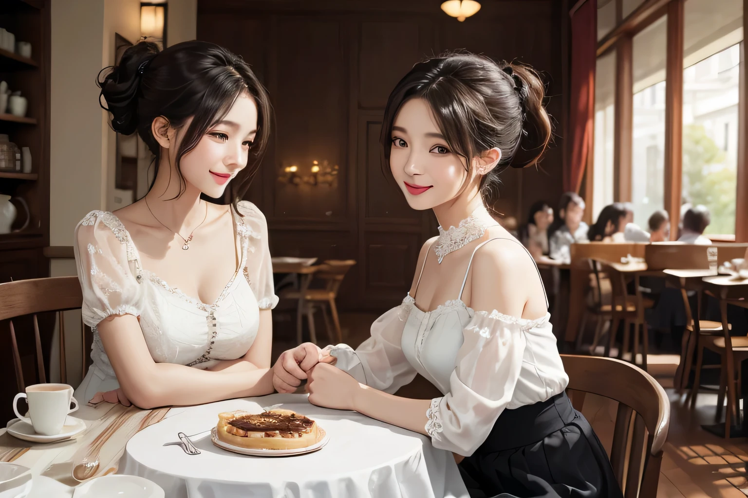 highest quality、High resolution、detailed background、Beautiful and dense face、beautiful and smooth skin、skin texture、cute10代の美少女、(three women)、realistic、perfect body line、braided ponytail、cute髪型、Calm atmosphere、
happy look、smile、laughter、sexual expression、Upper body、Tea time at the cafe、(three womenが可愛いカフェでおしゃべりを楽しみながらケーキやスイーツを味わう:1.5)、
Choose lace tops and flared skirts in white or pastel colors.、sandals or heels、
If the lace top is see-through, Wear it elegantly by layering it with an inner camisole..、
Choose a lace blouse in a soft color and add feminine movement with a pleated skirt.、
Adding lace to the sleeves and collar of the blouse makes it even more cute.、
Choose a colorful lace camisole、Add elegance with a midi skirt。、cute