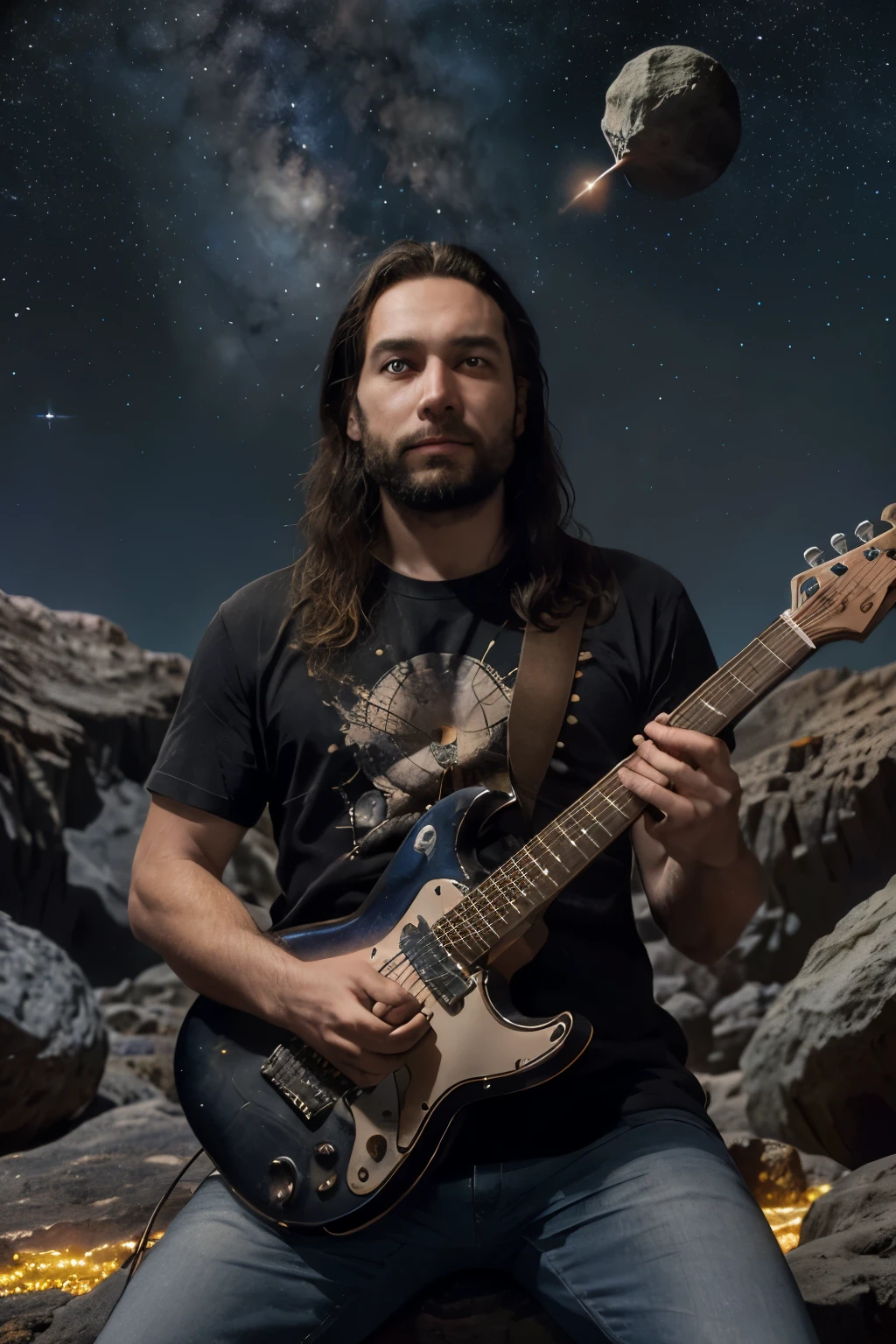 Draw a young musician sitting on a research platform floating in the middle of an asteroid belt.. He playing an electric guitar surrounded by several asteroids that glow with fiery auras.. Spectacular illumination of distant stars and planets illuminates the scene., proyectando sombras profundas sobre el traje. El joven parece confiado y decidido., mirando el vasto y misterioso universo con asombro y respeto,vello facial, tiro heavy metal
