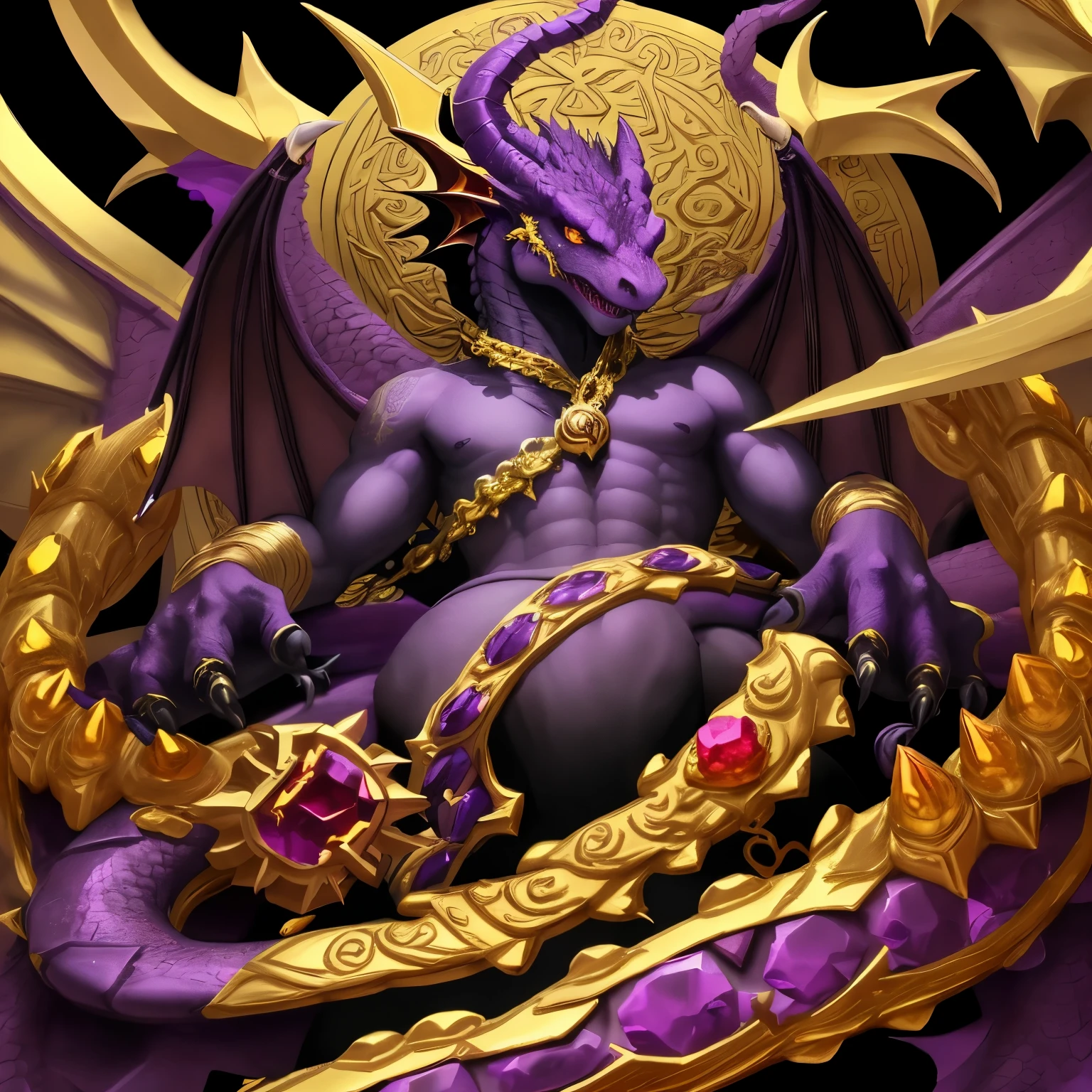 A purple dragon with gold jewels and a ruby in the middle and with yellow touches, golden claws and a threatening look, yellow eyes and a stripe of black pupil