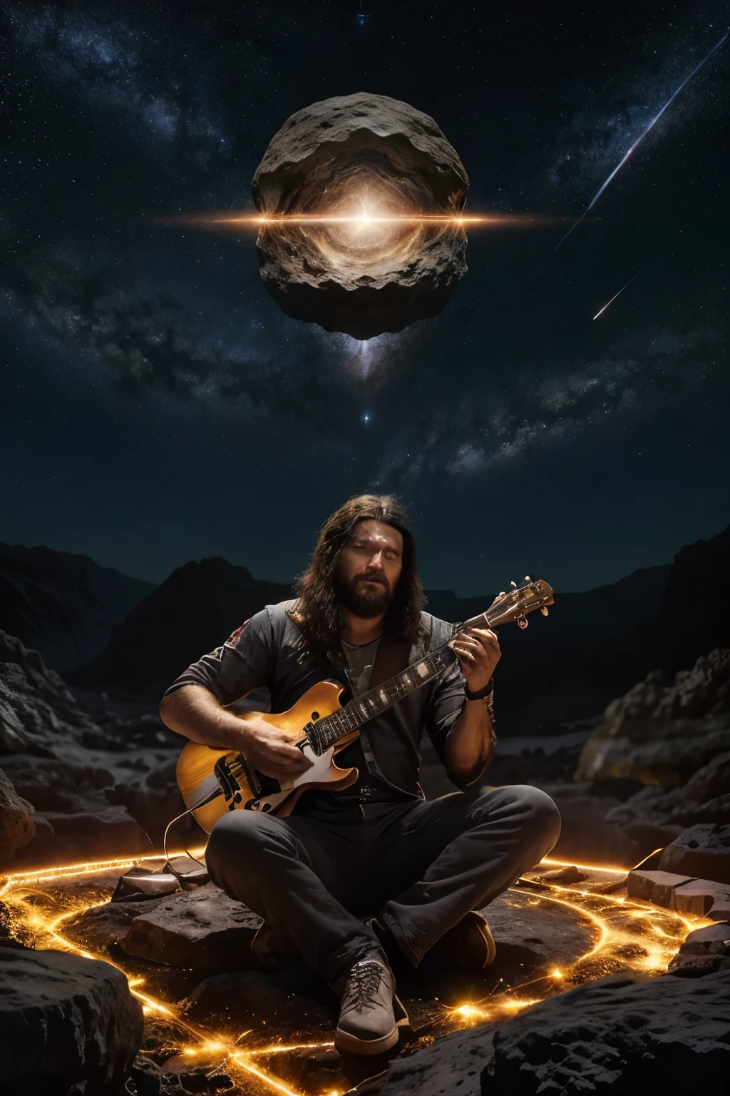 Draw a young musician sitting on a research platform floating in the middle of an asteroid belt.. He playing an electric guitar surrounded by several asteroids that glow with fiery auras.. Spectacular illumination of distant stars and planets illuminates the scene., proyectando sombras profundas sobre el traje. El joven parece confiado y decidido., mirando el vasto y misterioso universo con asombro y respeto,vello facial, tiro heavy metal