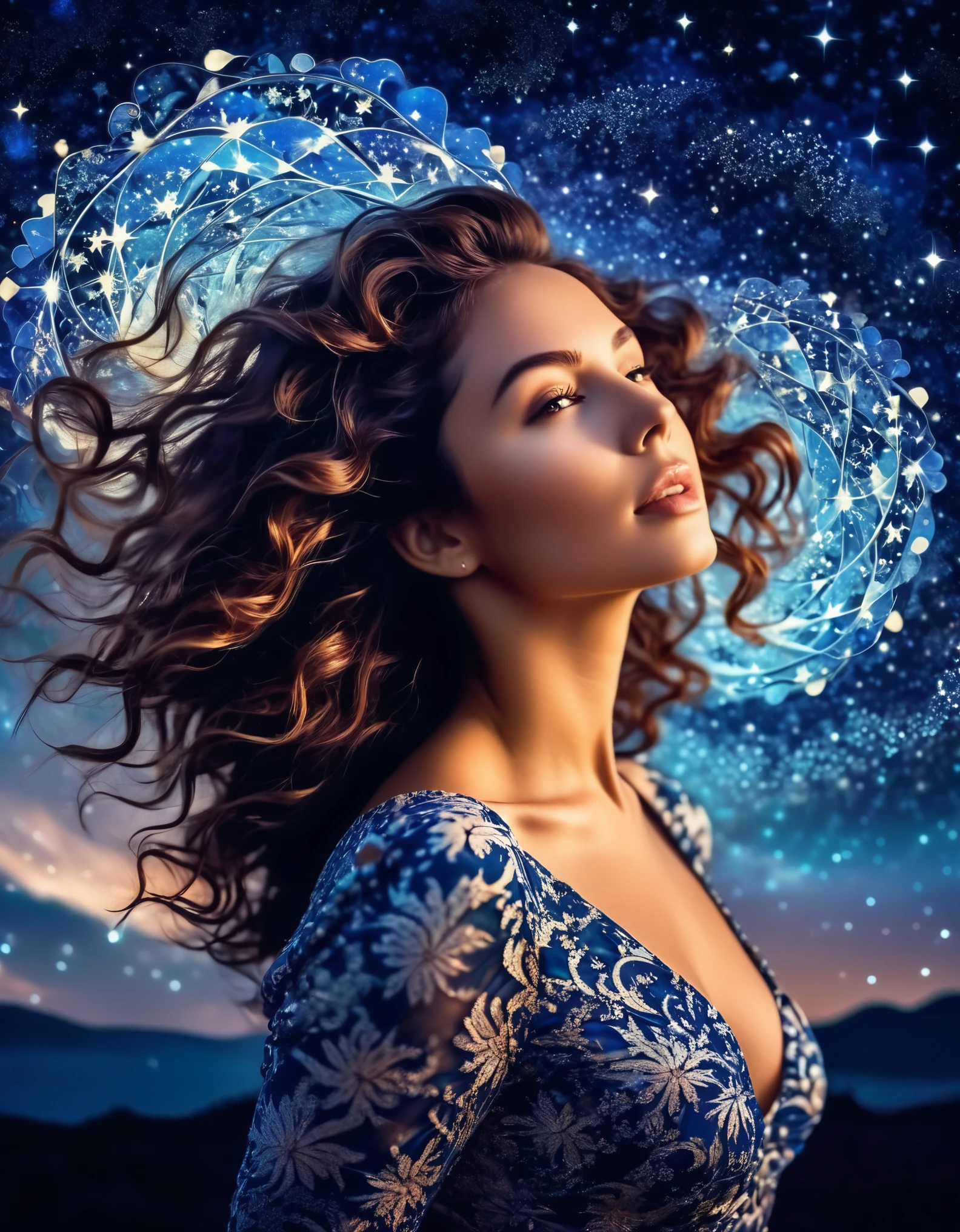 A captivating woman with tousled waves and a flirtatious pose, set against a romantic, starry night sky backdrop, enhanced by fractal patterns.