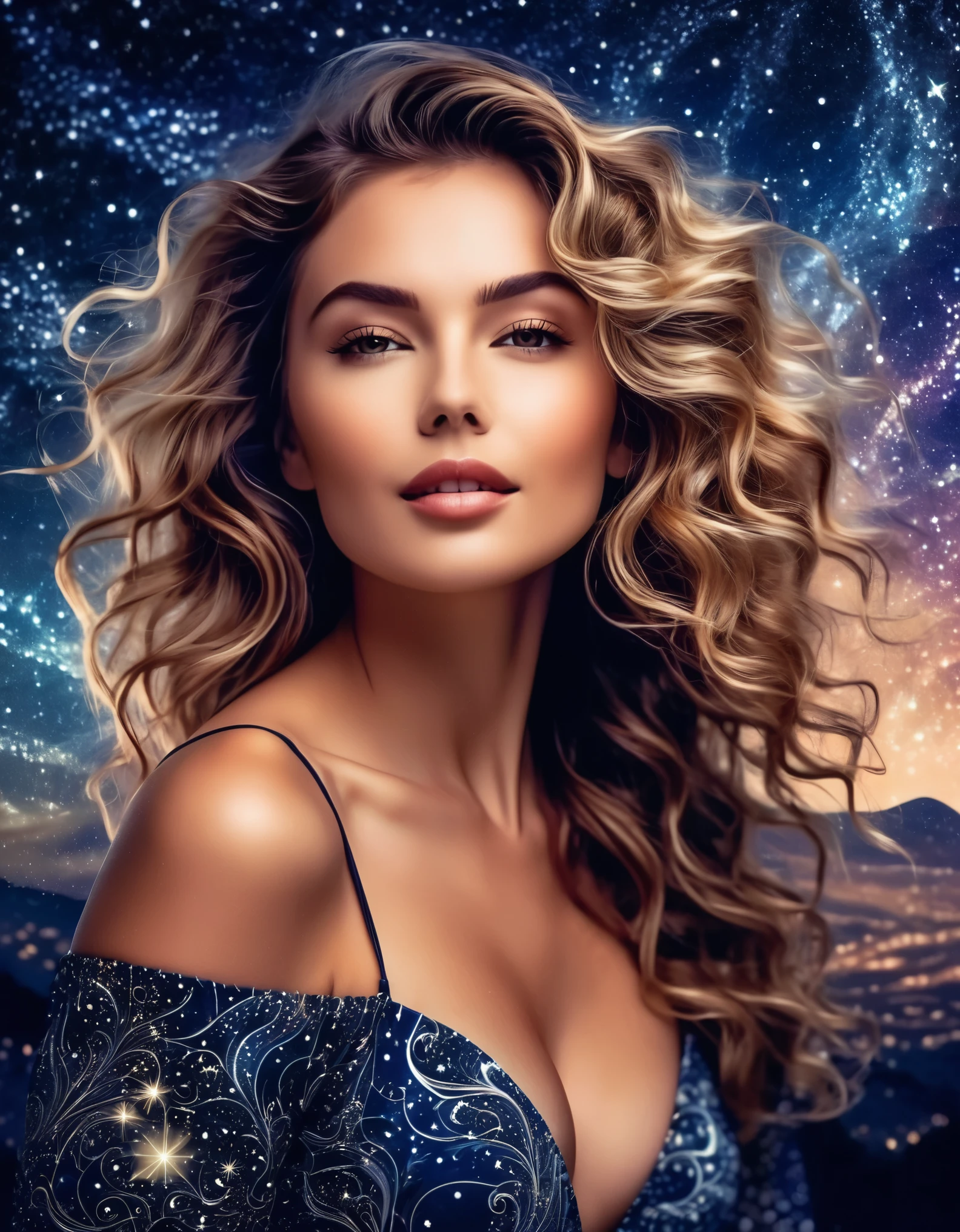 A captivating woman with tousled waves and a flirtatious pose, set against a romantic, starry night sky backdrop, enhanced by fractal patterns.