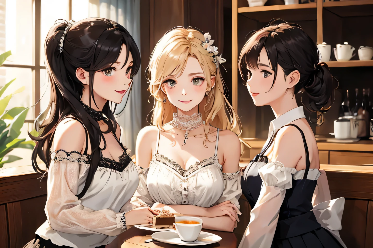 Highest quality、High resolution、Detailed Background、(Beautiful face in every detail:1.4)、Anatomically correct、(Normal number of fingers:1.2)、Detailed facial expressions、(Detailed eyes)、Teenage beauty、(Highly detailed face:1.4)、Light color hair、ponytail、Bobcut、Braided long hair、Wavy Hairstyle、well-groomed eyebrows、Cute Eye Makeup、Cute Lip Makeup、Calm atmosphere、Tea time at the cafe、A big smile、smile、
(Three women enjoying tea time at a cute cafe:1.5)、
Flared silhouette dress、Camisole dress with frills and lace、A-line dress with ribbon and flower motif、A clean base color such as white、Ribbon and flower hair accessories、Pearl and jewel necklaces、bracelet、Gorgeous yet feminine、very beautiful