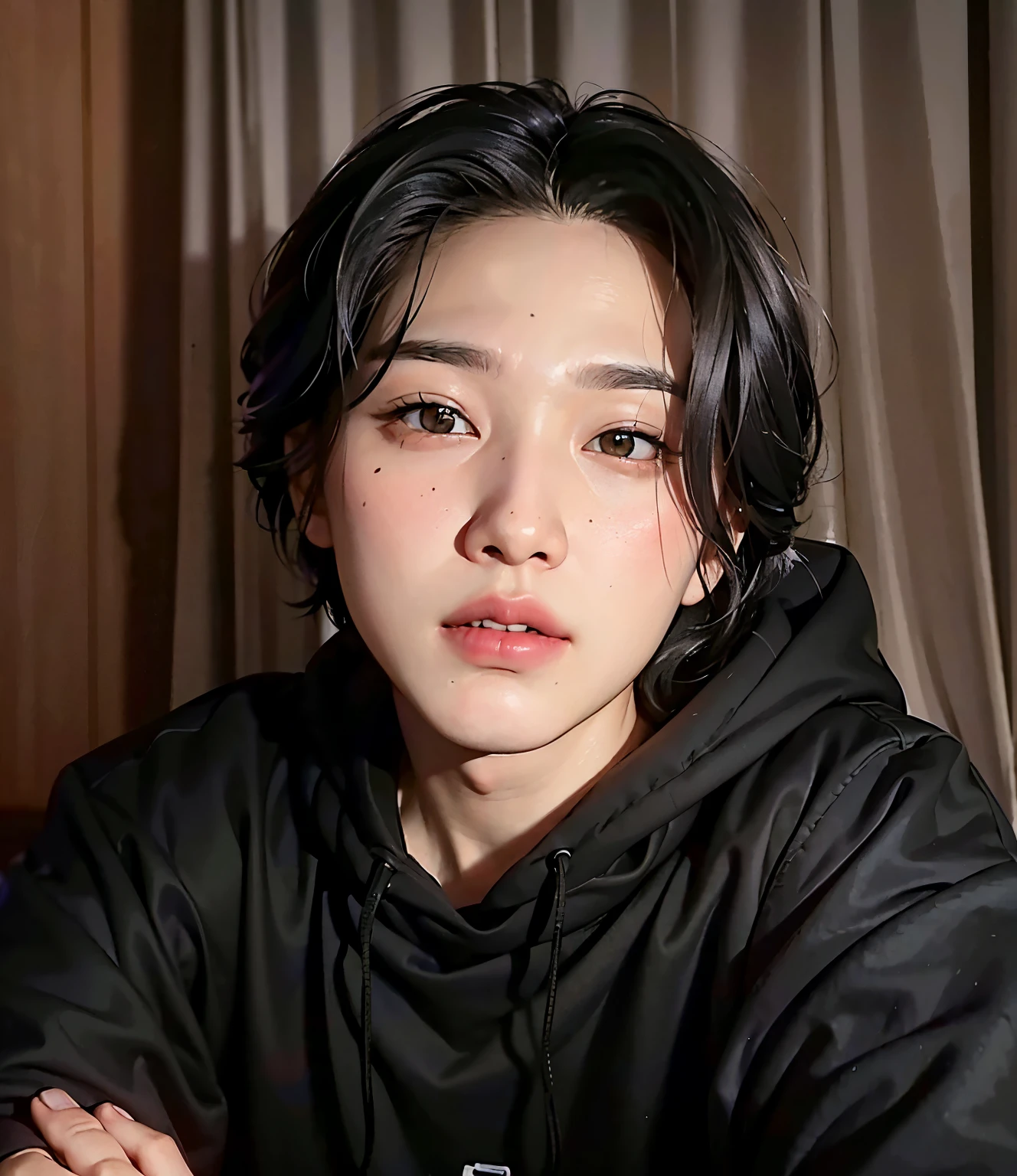arafed asian man with long black hair and a pink hoodie, yoongi de pelo negro, kim taejin, Hong June Hyung, hyung tae, yanjun chengt, Cai Xu Kun, Jaeyeon Nam, jinyoung shin, Jung Jaehyun, Jimin\his right eyelid is swollen, young pale angel, pale korean adorable face, taken in the early 2020s, BTS Yoongi, Yoongi from BTS, BTS SUGA, doll face, idol k-pop, kpop idol, BTS YOONGI, pretty face, labios bonitos, angelical rostro, ojos bonitos