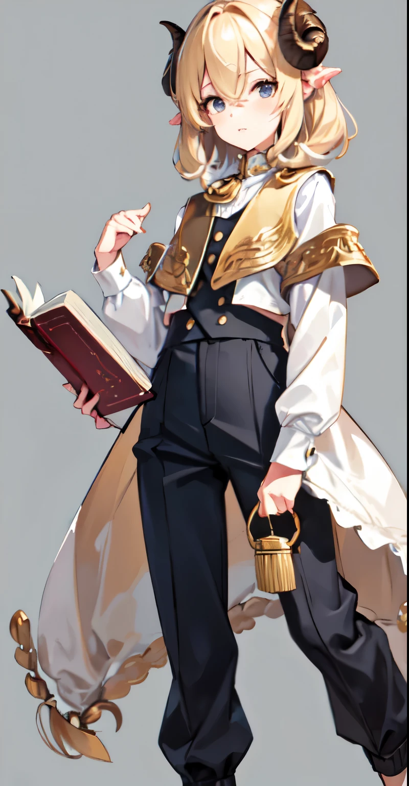Original, (illustration: 1.1), (best quality), (masterpiece: 1.1), (((brass sheep horns))), books, bookish, thin legs, skinny, simple shoes, blonde hair, medium hair, fluffy hair, ((shoulder_length)), gray eyes, big eyes, indigo sweater vest, light pants, (beautiful clear background: 1.25), (very detailed CG Unity 8K wallpaper: 1.1), 1boy, parted bangs, anxious, shy, cute delicate face, shirt, emotion, soft, urzan, (PureErosFace_V1:0.7)