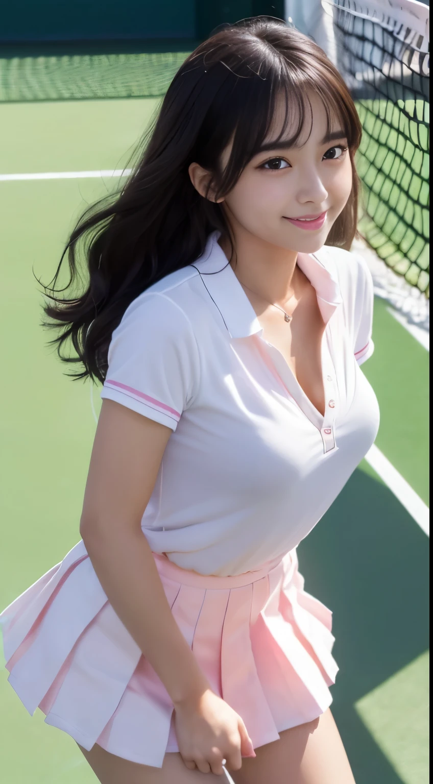 Best-quality, Masterpiece, Ultra-High-Resolution, (Photorealistic:1.4), Raw-Photo, 1girl, the
most famous Japanese idol, leaning forward, from above, (wearing white tennis-shirt and light-pink tennis-pleated-skirt), (extremely cute face like the most popular Japanese idol, extremely childish face, ((extremely beautiful big-black-eyes)), extremely beautiful hair, extremely beautiful skins, extremely beautiful long-eyelashes, extremely beautiful lips, extremely beautiful cleavage, extremely beautiful short-body, innocent-smile, detailed tennis-shirt, detailed tennis-pleated-skirt, detailed downblouse