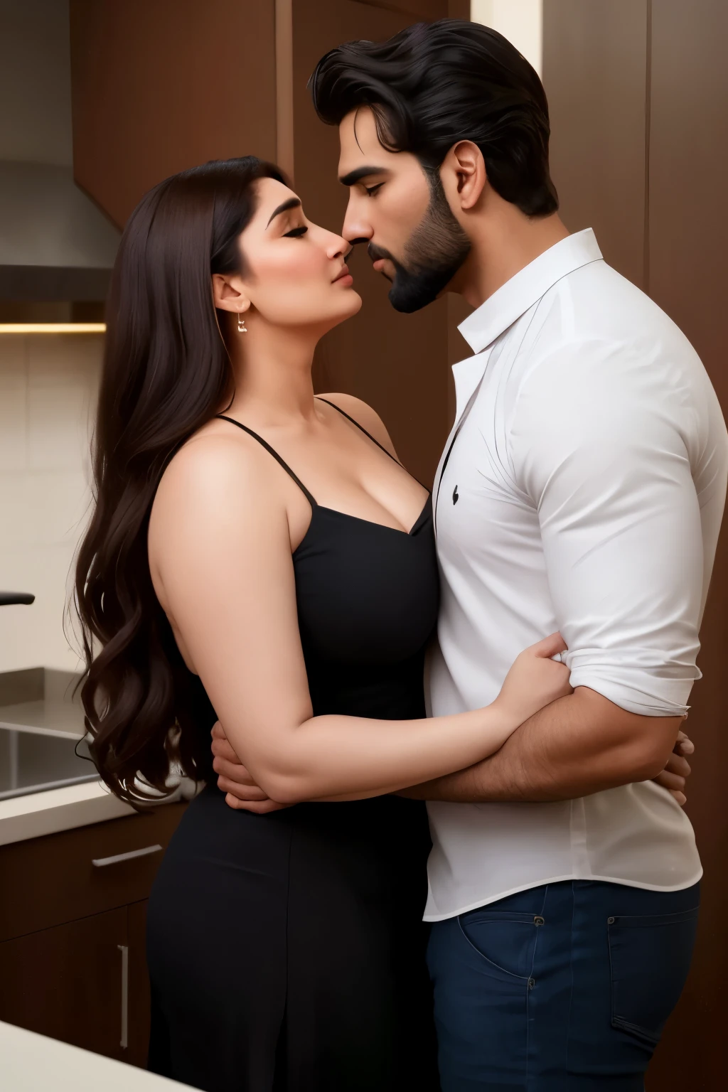 A captivating full-body shot of a 26-year-old curvaceous woman, reminiscent of Kareena Kapoor's asymmetrical features, engages in a passionate kiss with a tall, handsome man in the dimly lit setting of a kitchen. The woman dons a deep neck salwar kurta, subtly accentuating her cleavage and huge bust. Scattered black hairs gracefully frame her face as she closes her eyes, surrendering to the moment. The man, with a chiseled jawline and clear, defined facial features, reaches out to tenderly touch her cheek, his eyes full of emotion. The scene exudes a cozy,