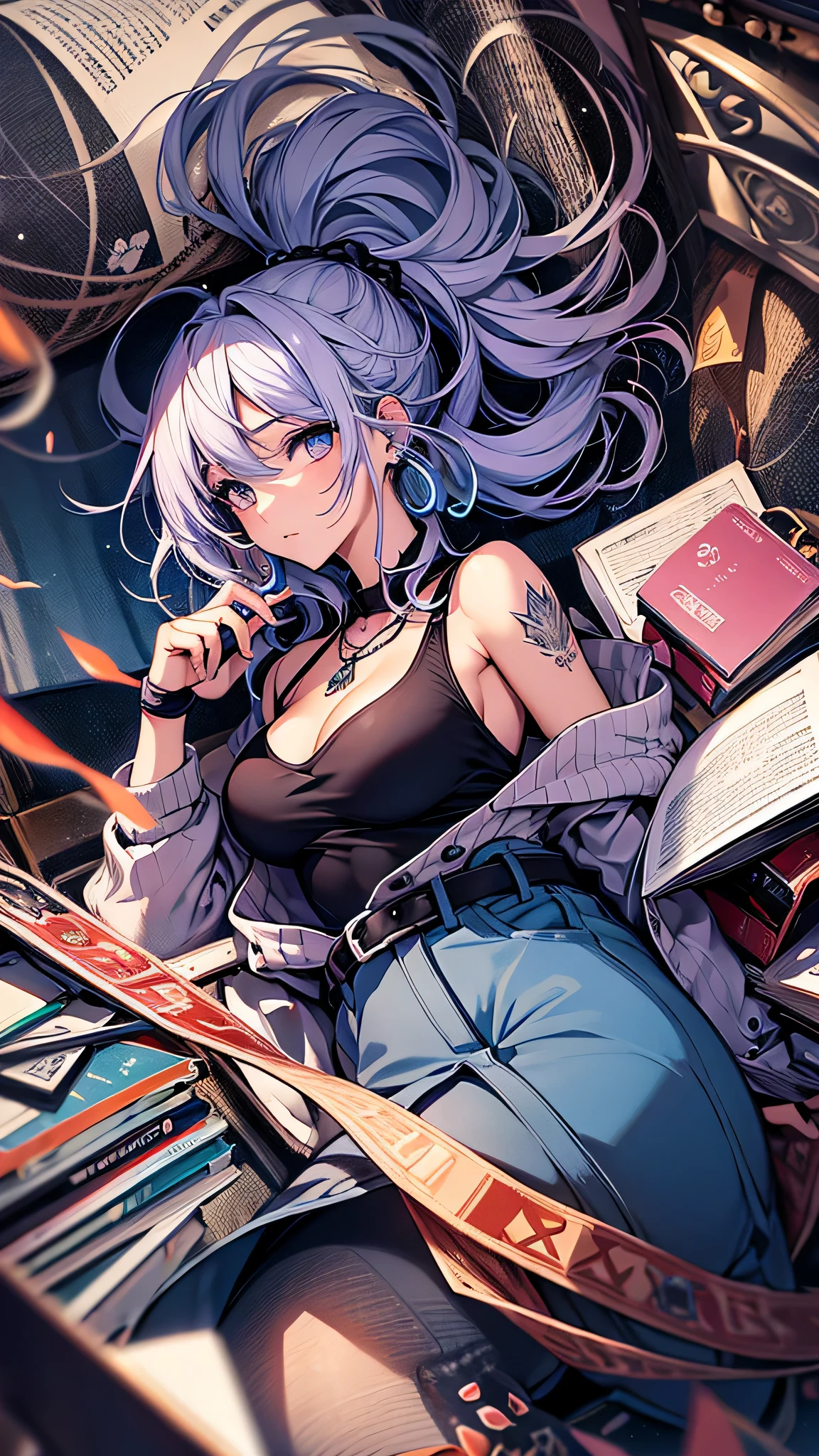 最high quality、best image quality、masterpiece、girl((20-year-old、 By becoming、vest bust、medium bust,wide open breast tea、shining eyes, neon hair、long hair、thin,highest valley、black tank top、blue pants、full body tattoo,diamond earrings、Wristband、necklace,bedの上で寝る,lie)),high quality、beautiful art、background((Beautiful hotel room,bed、Scattered books))、Flight、debris flies、Depth of written boundary、movie、visual art、perfect art、8K,genuine、Dynamic Performance